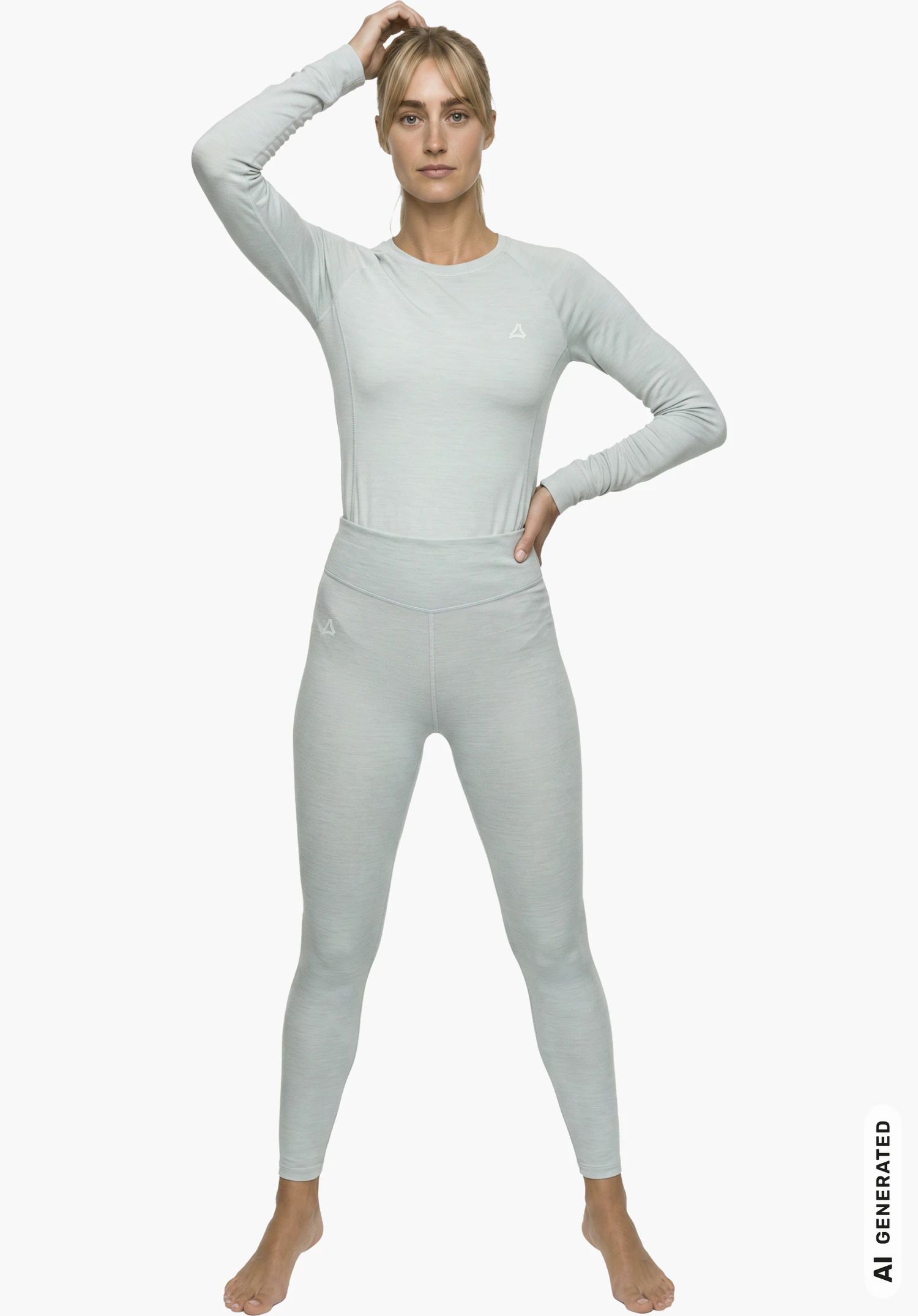 Tights Style Luterra WMN in grijs met hoge tailleband en subtiele Schöffel-logo-applicatie op de rechterheup in een close-up tegen een witte achtergrond.