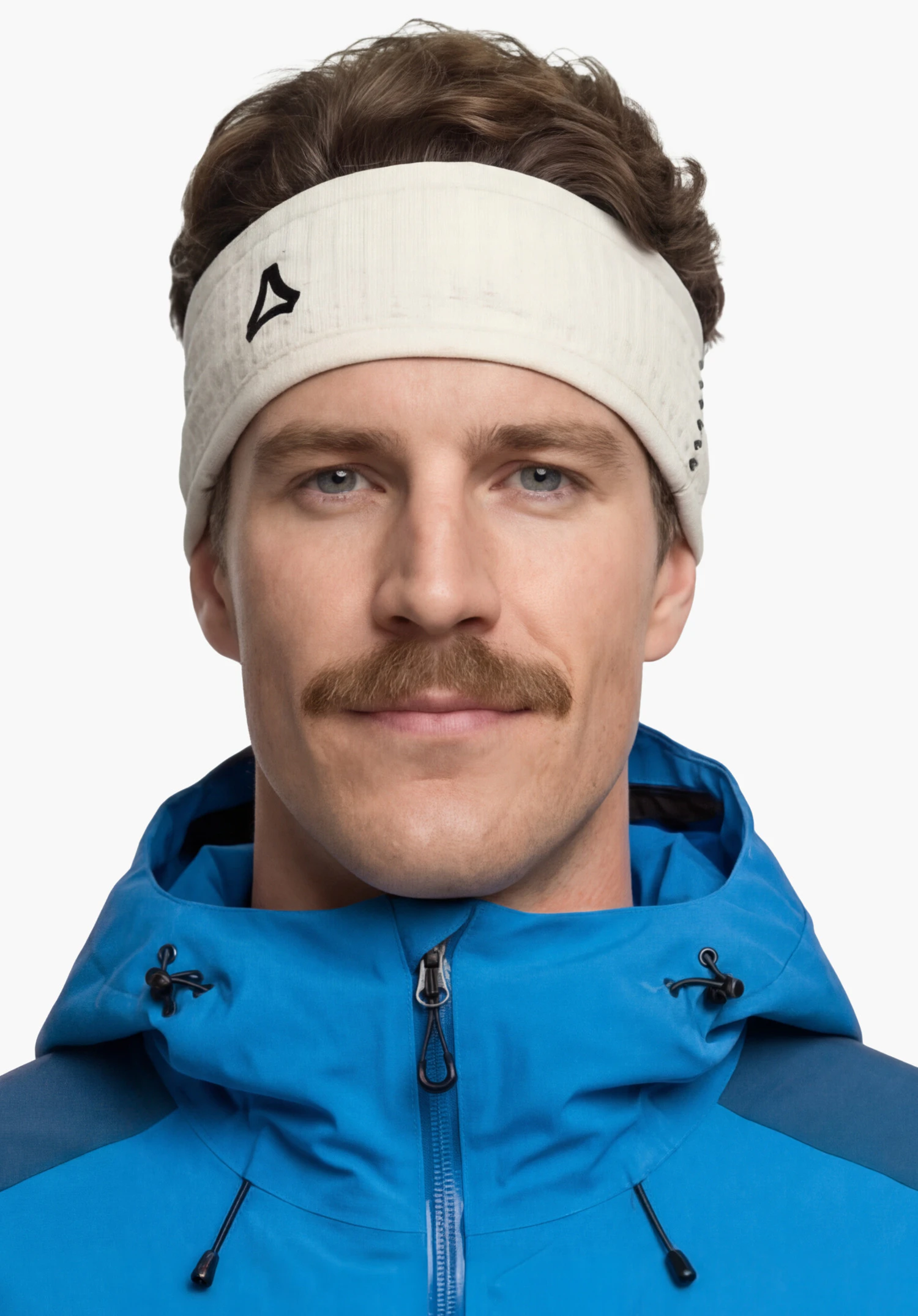 Headband Style Enixa UNI in natural with Schöffel logo, worn by a male model in a back view standing upright against a white background. (AI-generated)