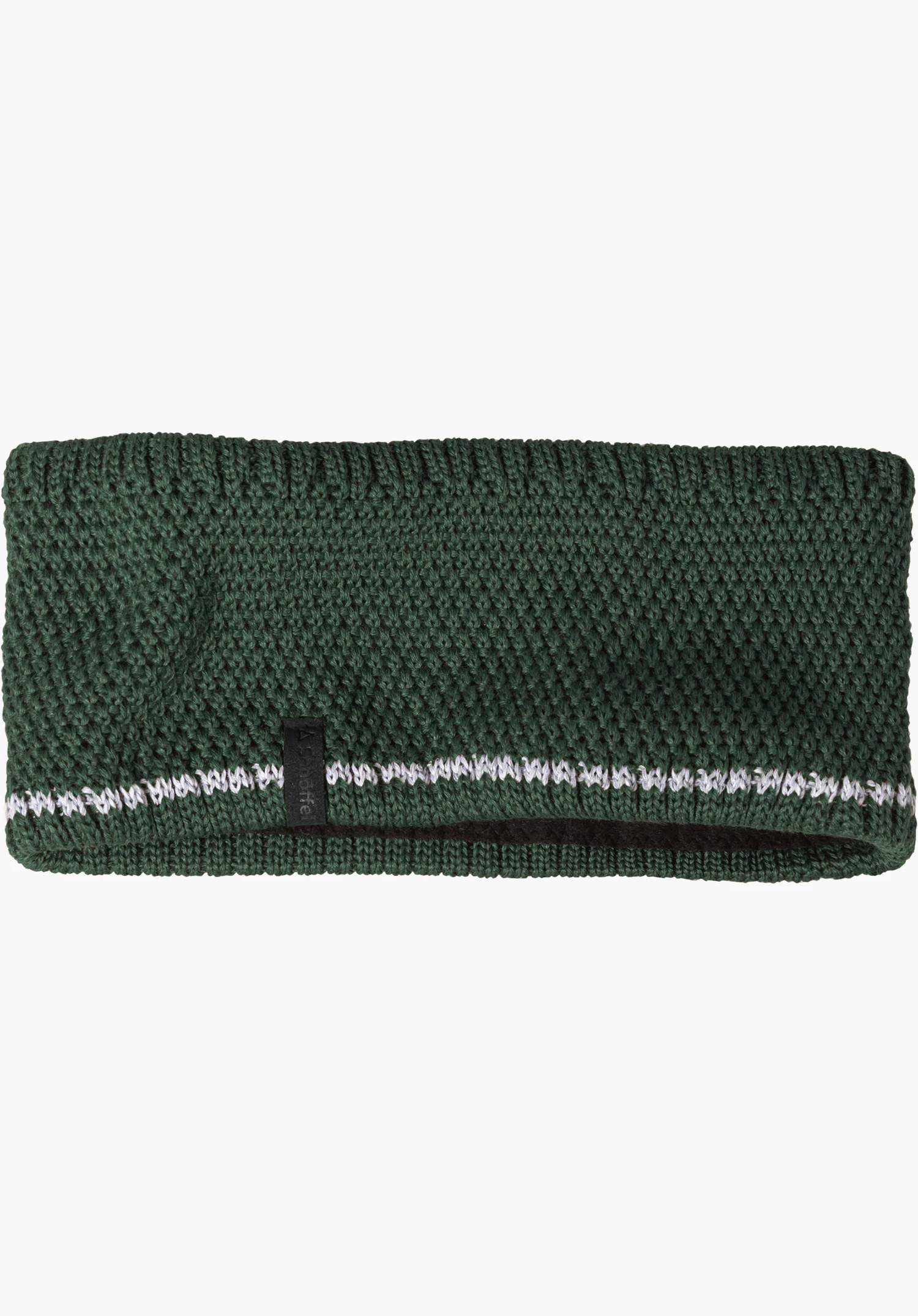 Headband Style Wildkar ALL Stirnband in grün mit Strukturstrick, farblicher Akzentstreifen und Schöffel-Schriftzug in der Frontansicht freigestellt vor weißem Hintergrund.