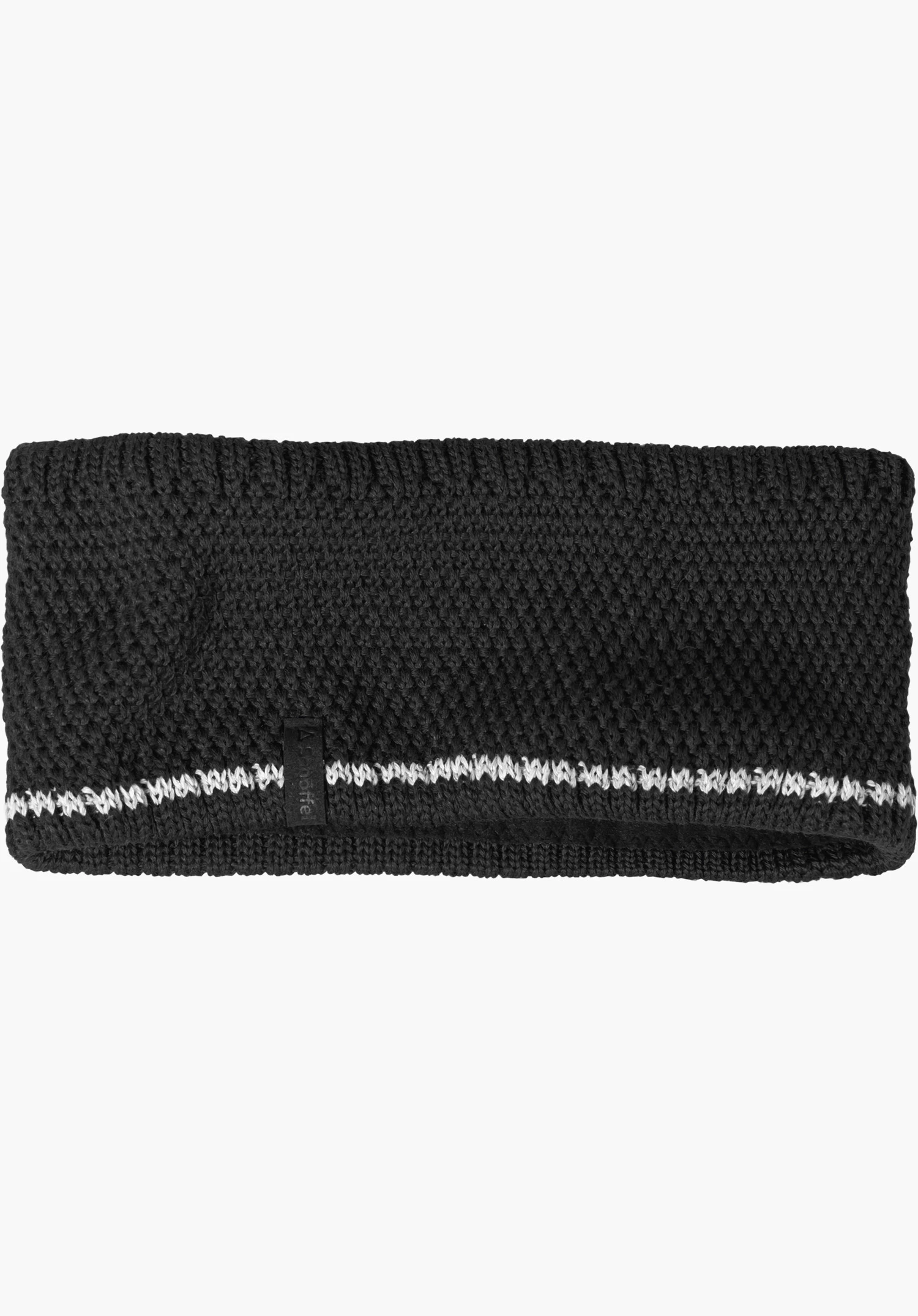Headband Style Wildkar ALL Stirnband in schwarz mit Strickmuster, Schöffel-Schriftzug und weißem Akzentstreifen freigestellt vor weißem Hintergrund.