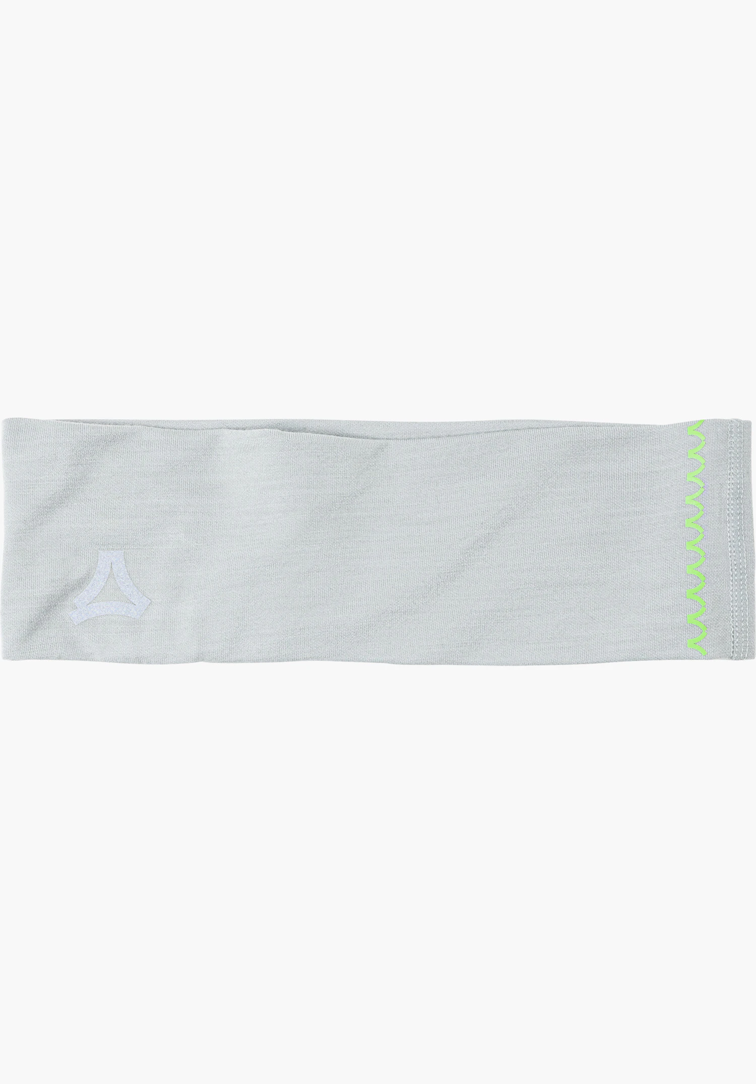 Headband Style Luterra UNI Stirnband in Grau mit Schöffel-Logo und grünem Zickzack-Detail in Frontansicht freigestellt vor weißem Hintergrund.