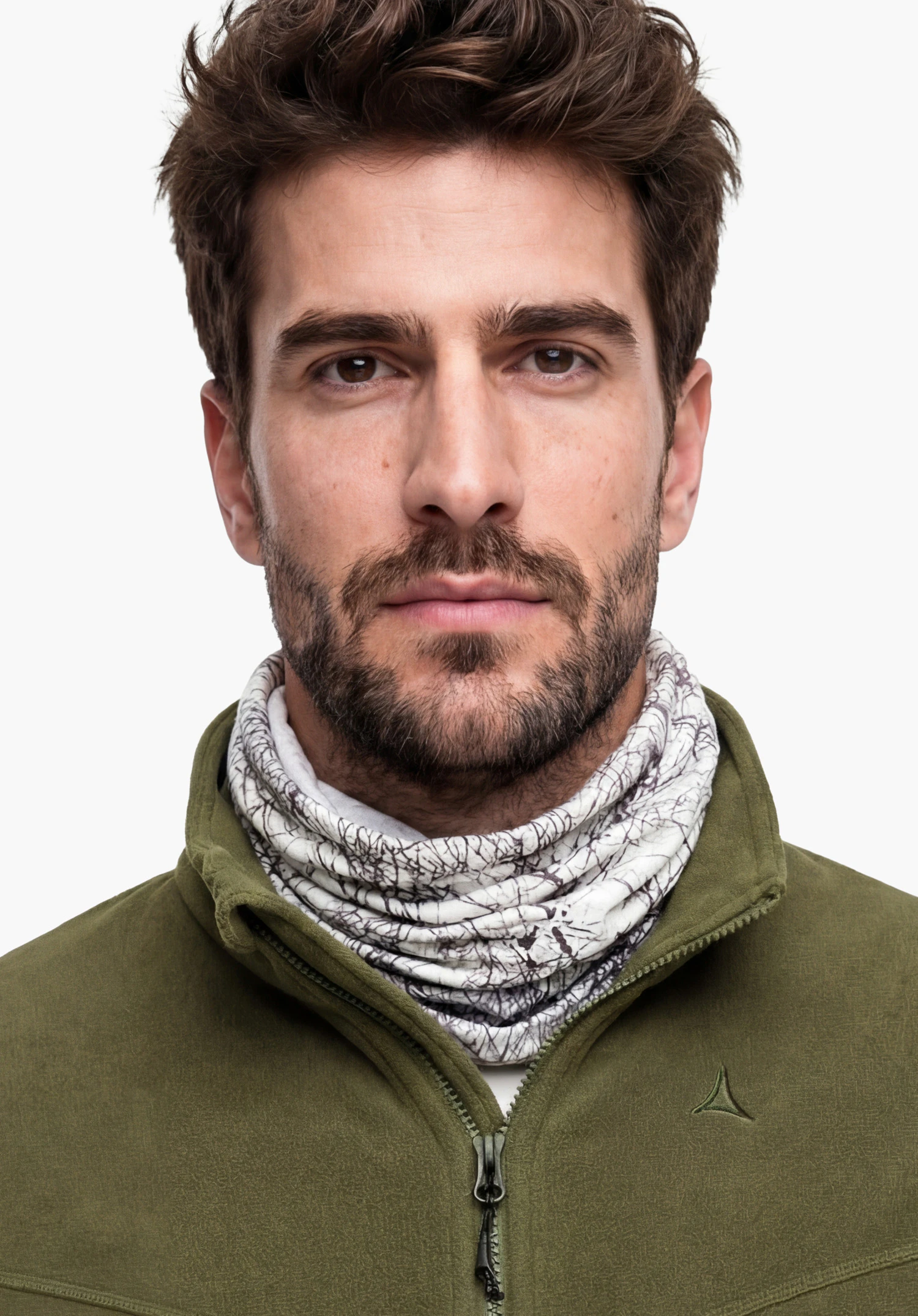 Schöffel X Tom Hegen Scarf en couleur naturelle, porté par un modèle masculin vu de dos sur fond blanc. (Généré par IA)
