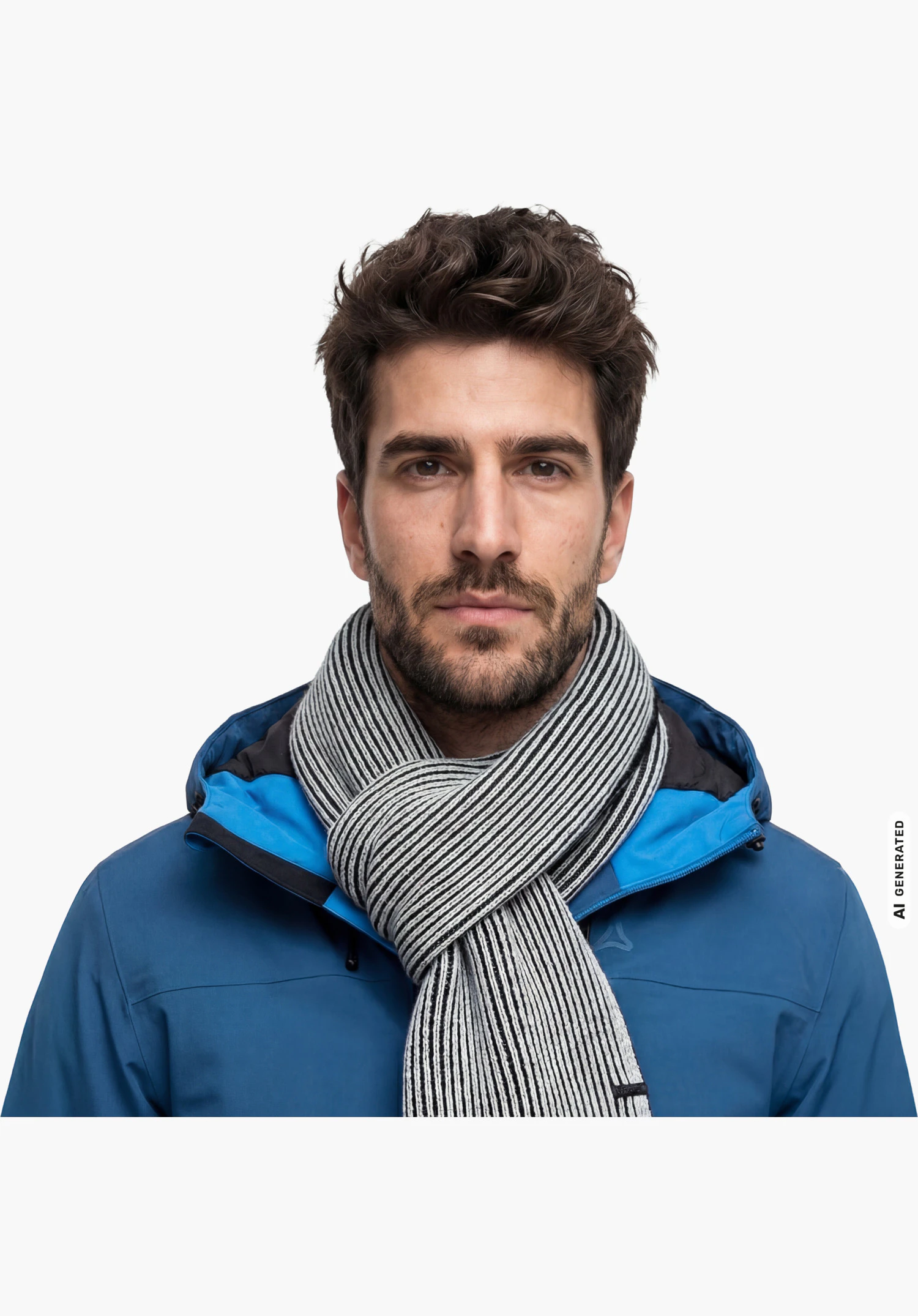 Scarf Style Cledio ALL avec structure de matière rayée en noir porté par un mannequin homme gros plan sur fond blanc.