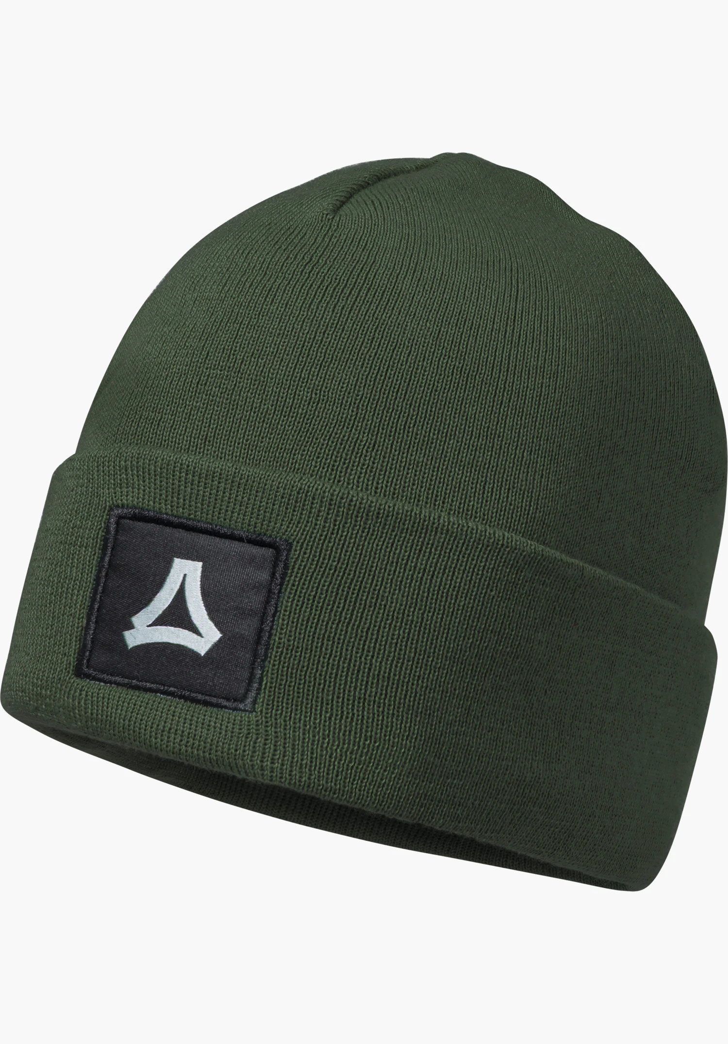 Hat Style Lodos ALL Feinstrick Beanie in Grün mit Schöffel-Logo auf dem Umschlag in Frontansicht freigestellt vor weißem Hintergrund.