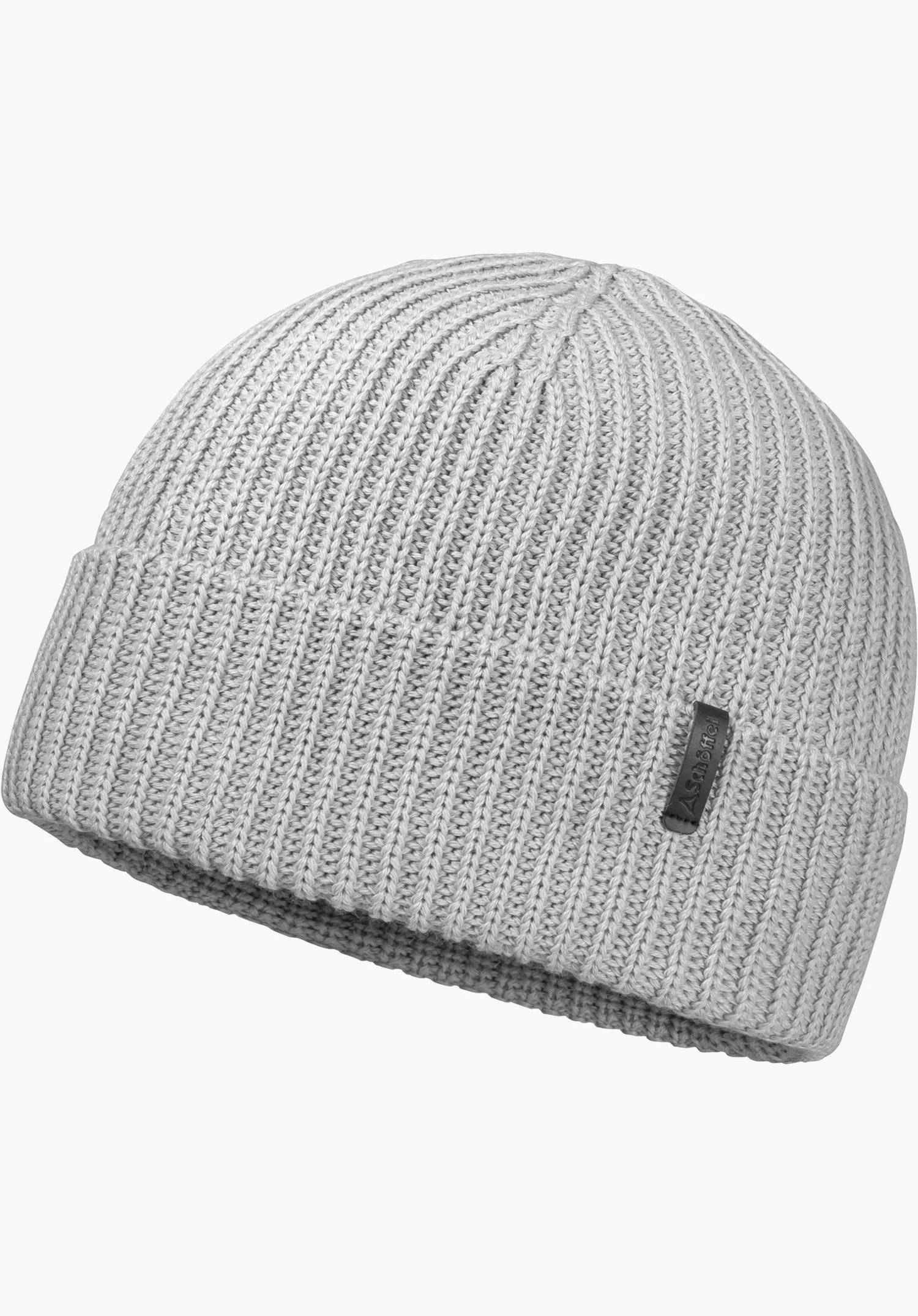 Hat Style Noxley ALL Strick Beanie in grau mit Rippstrickmuster und dezentem Schöffel-Schriftzug auf einem kleinen Badge, freigestellt vor weißem Hintergrund.