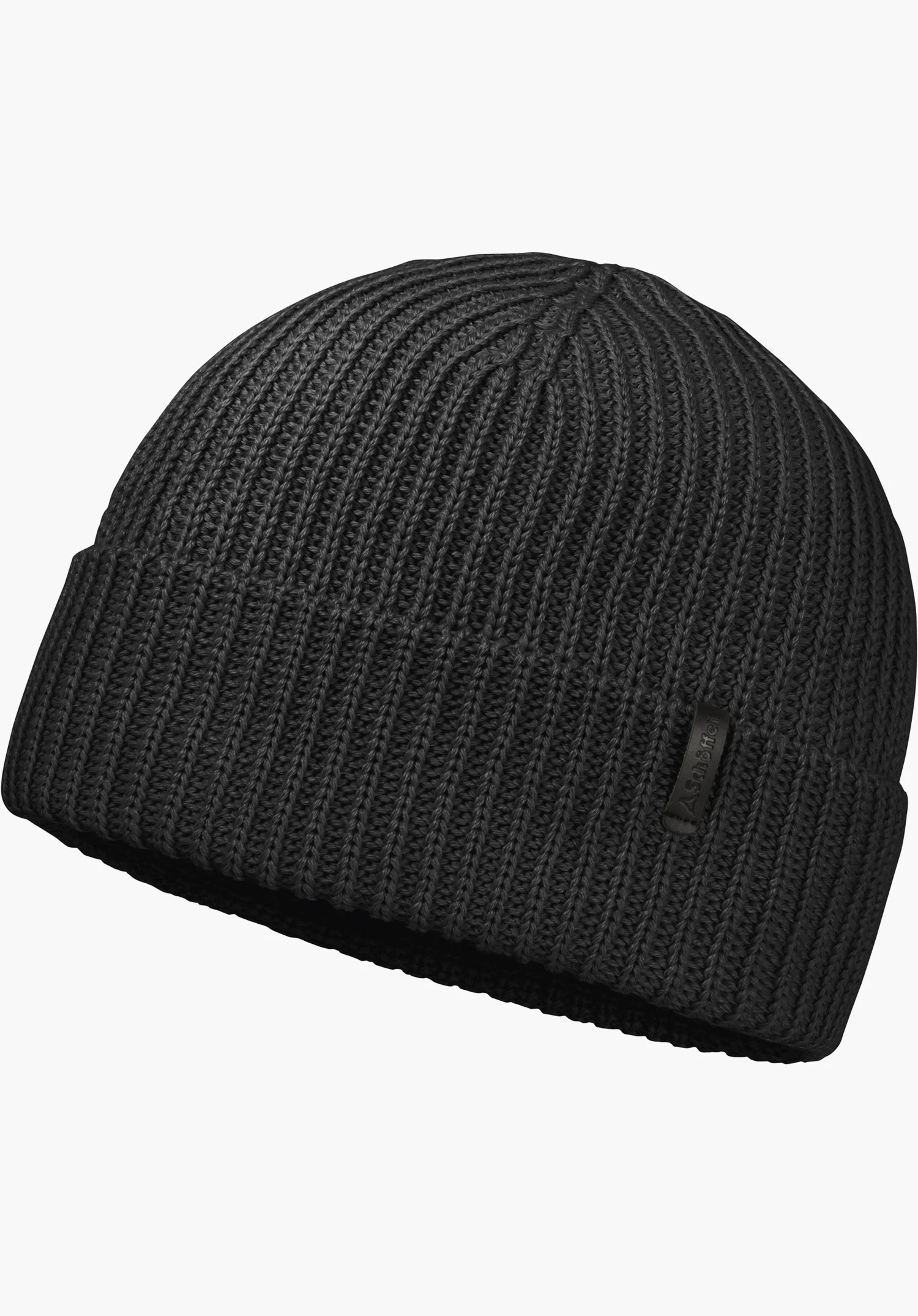Hat Style Noxley ALL Strick Beanie in schwarz mit gerippter Strickstruktur und einem dezenten Schöffel-Schriftzug in der Frontansicht freigestellt vor weißem Hintergrund.