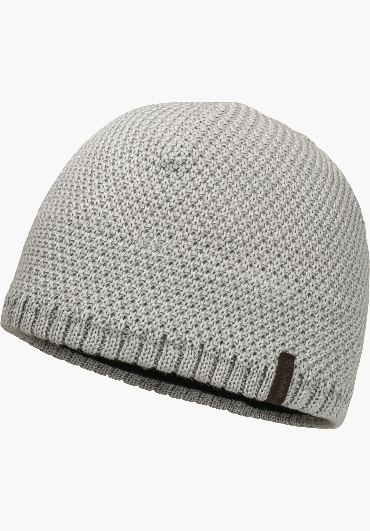 Hat Style Wildkar ALL Strickmütze in grau in Frontansicht mit strukturiertem Strickmuster und Schöffel-Logo auf einem braunen Label, freigestellt vor weißem Hintergrund.