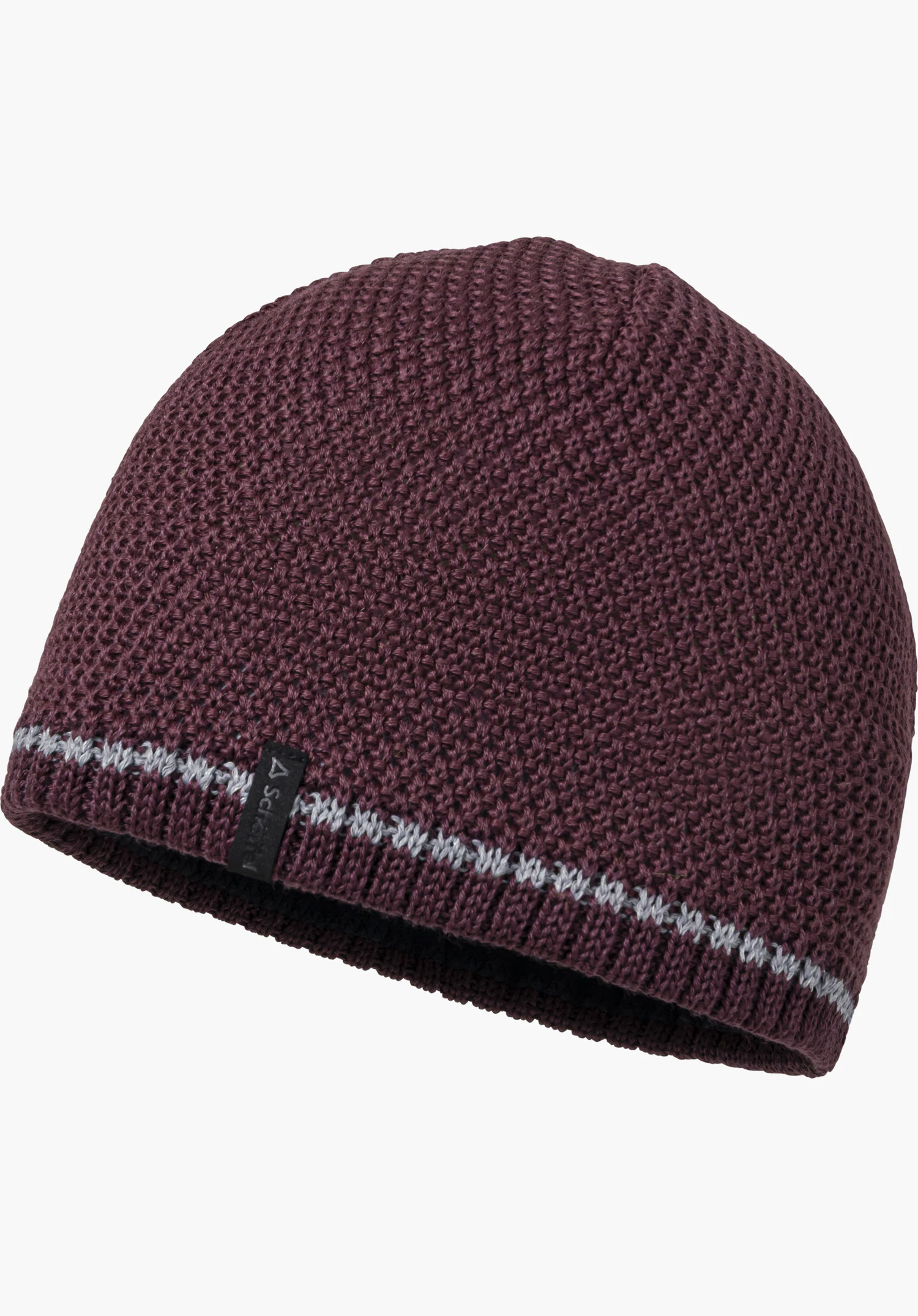 Hat Style Wildkar ALL Strickmütze in lila mit Schöffel-Logo und gemustertem Streifen in Frontansicht freigestellt vor weißem Hintergrund.