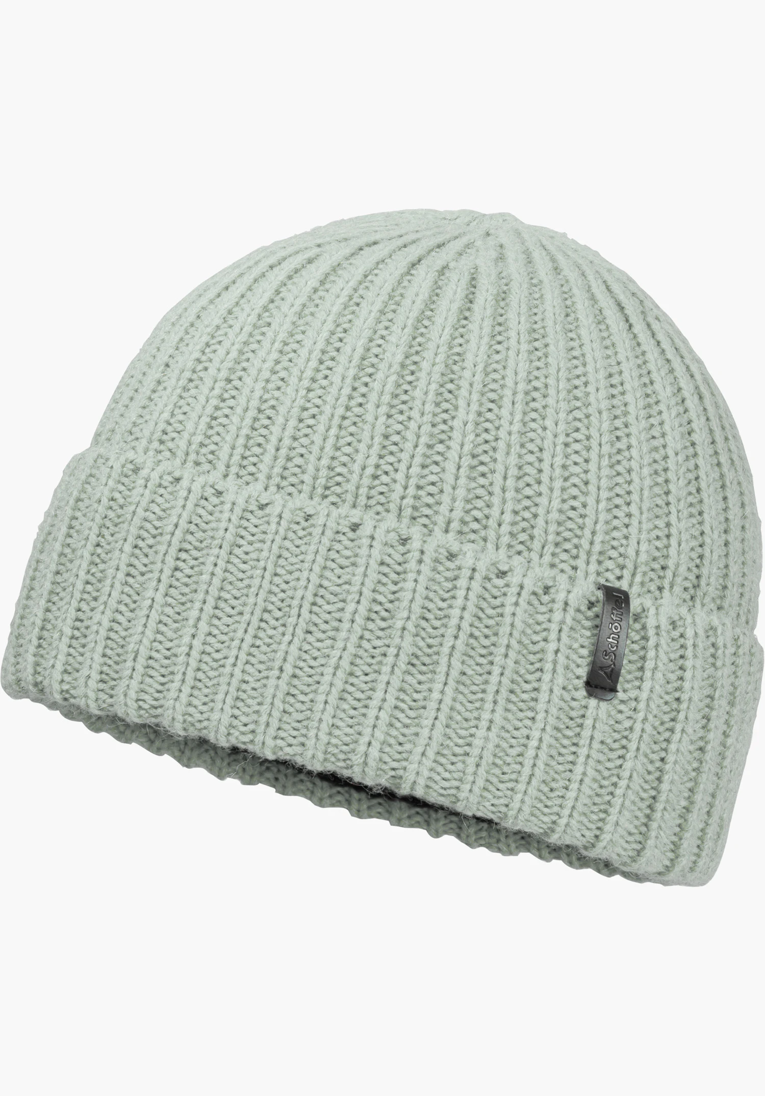 Knitted Hat Medford Wollmütze in grau mit feiner Rippenstrick-Struktur und dezenter Schöffel-Schriftzug auf einem kleinen Label, freigestellt vor weißem Hintergrund.