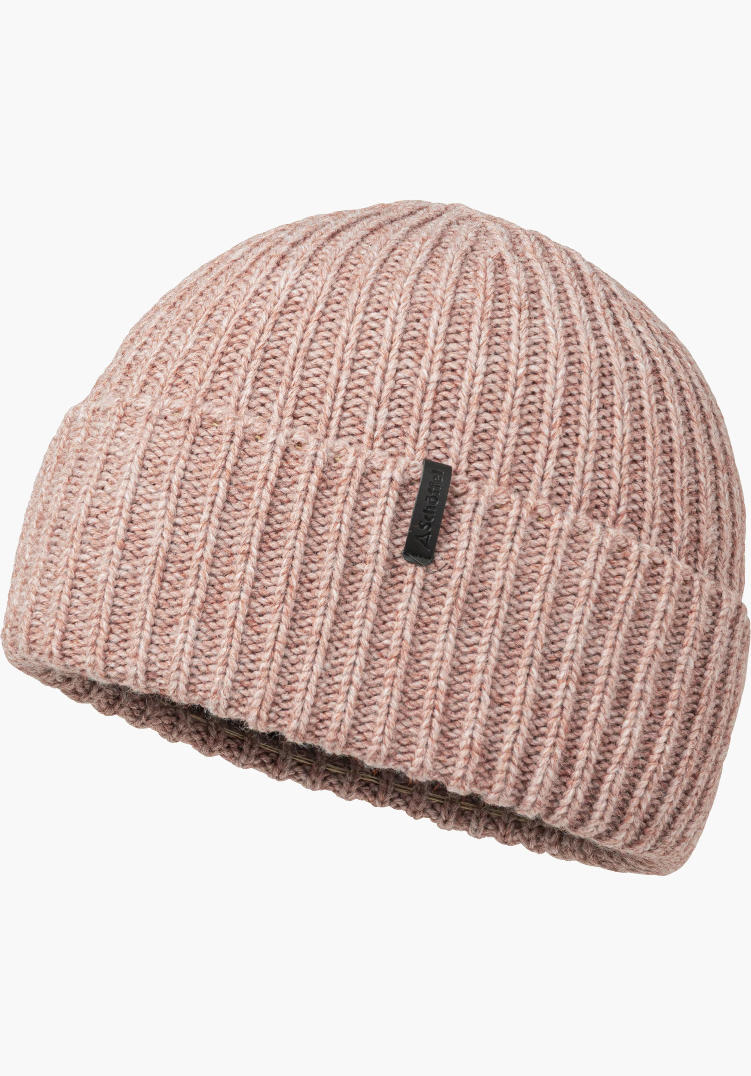 Knitted Hat Medford Wollmütze in rosa mit feiner Rippstrickstruktur und schwarzem Schöffel-Logo am Umschlag freigestellt vor weißem Hintergrund.