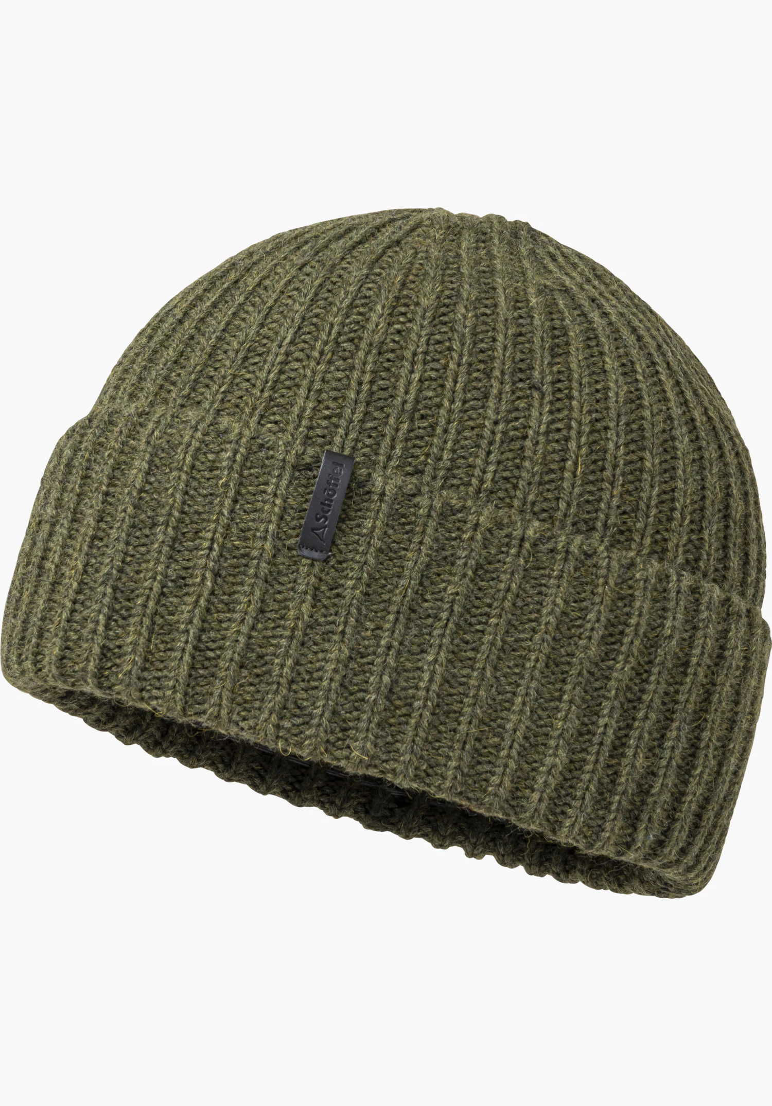 Knitted Hat Medford Wollmütze in Grün mit feinem Rippstrickmuster und einem Schöffel-Schriftzug auf einem kleinen Label, freigestellt vor weißem Hintergrund.