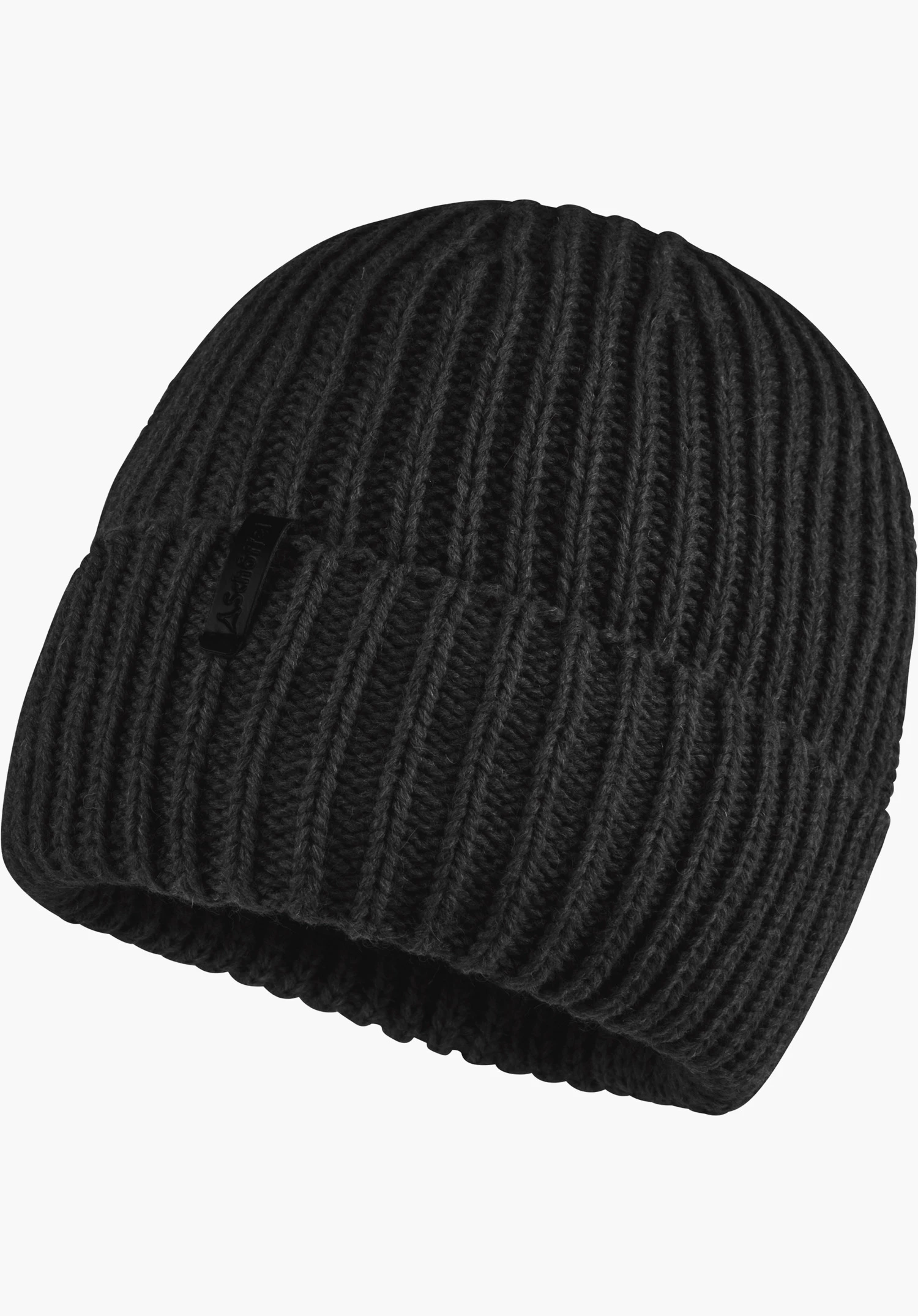Knitted Hat Medford Wollmütze in Schwarz mit feinem Rippstrickmuster und Schöffel-Schriftzug auf dem Umschlag freigestellt vor weißem Hintergrund.