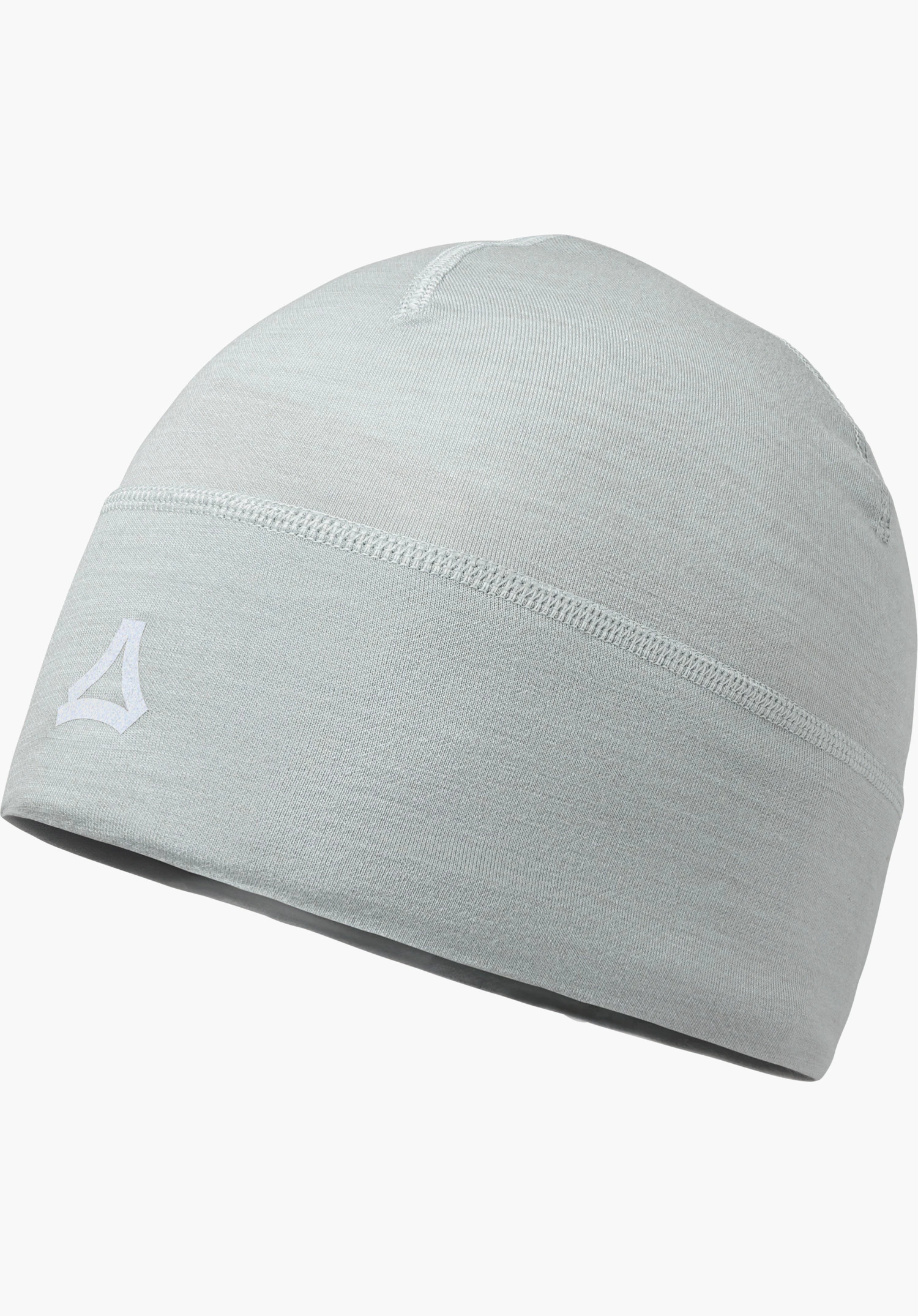 Beanie Style Luterra UNI Feinstrick Beanie in Grau mit Schöffel-Logo in Frontansicht freigestellt vor weißem Hintergrund.