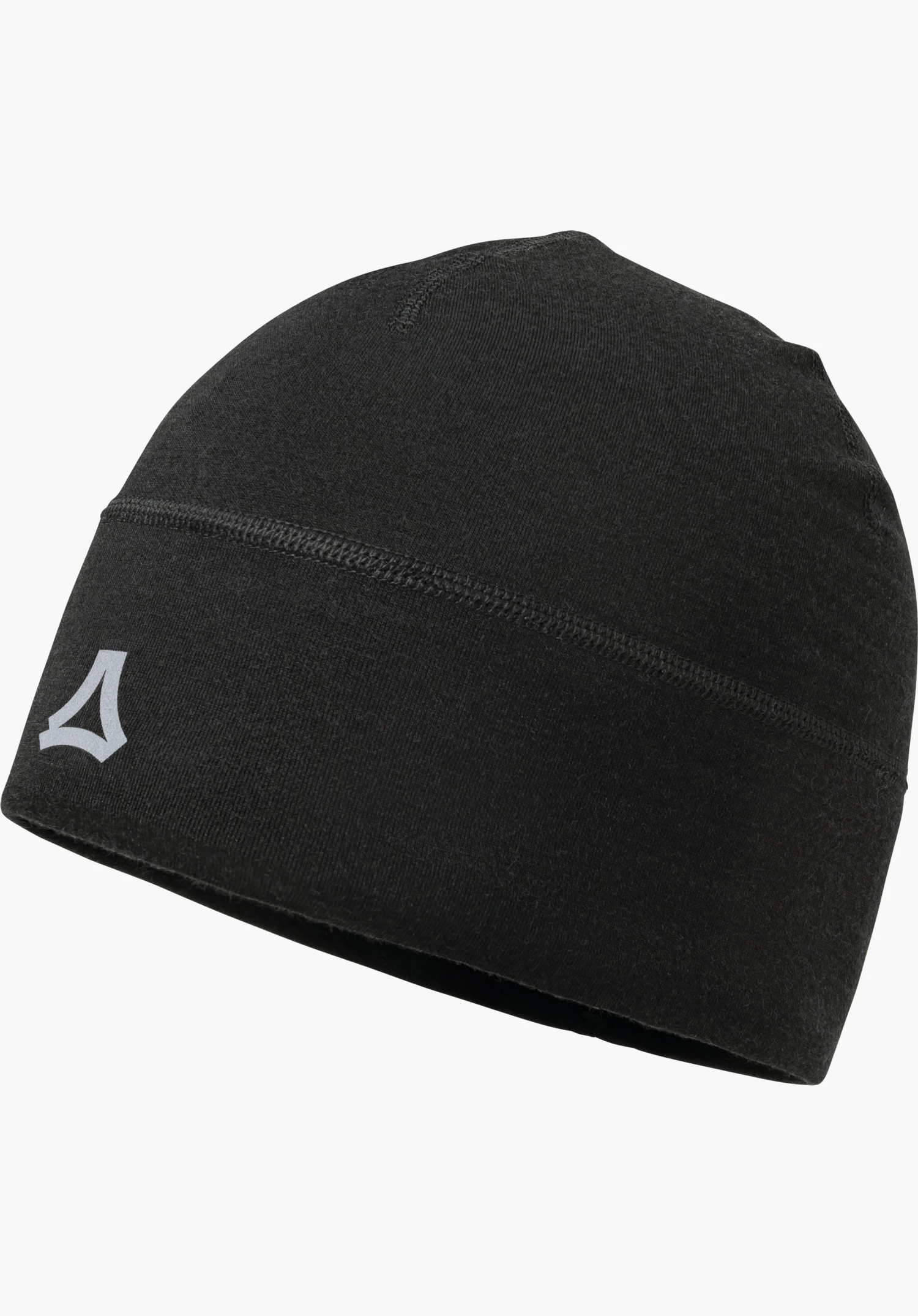 Beanie Style Luterra UNI Feinstrick Beanie in schwarz mit silbernem Schöffel-Logo in Frontansicht freigestellt vor weißem Hintergrund.