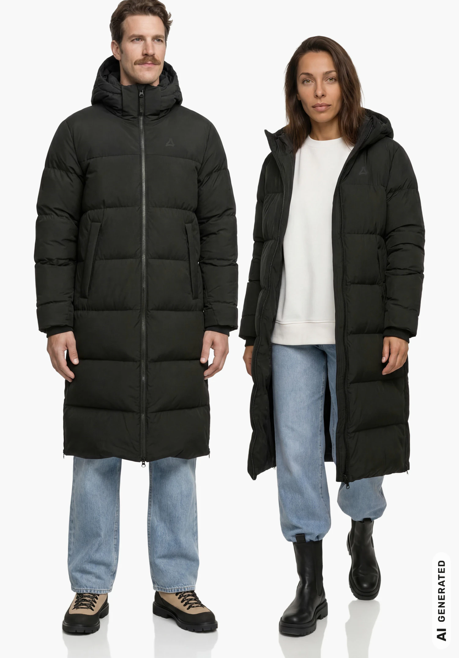 Down Coat Style Sublimo UNI in black with Schöffel logo, worn by a male model standing upright and shown from the front with arms hanging down against a white background. (AI-generated)
