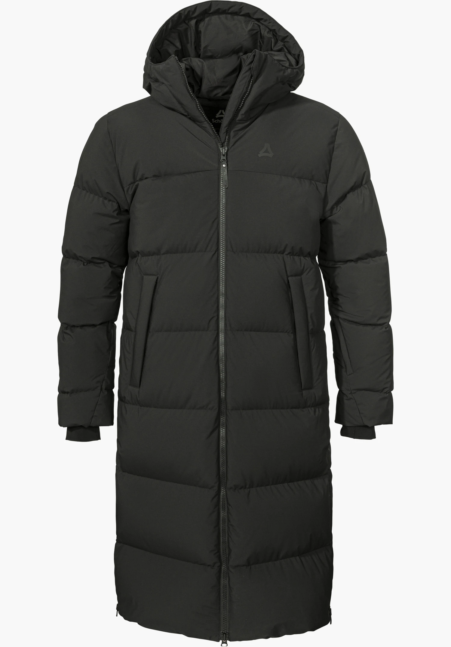 Down Coat Style Sublimo UNI down coat in black with hood, full-length zipper and tonal Schöffel logo, isolated on a white background.