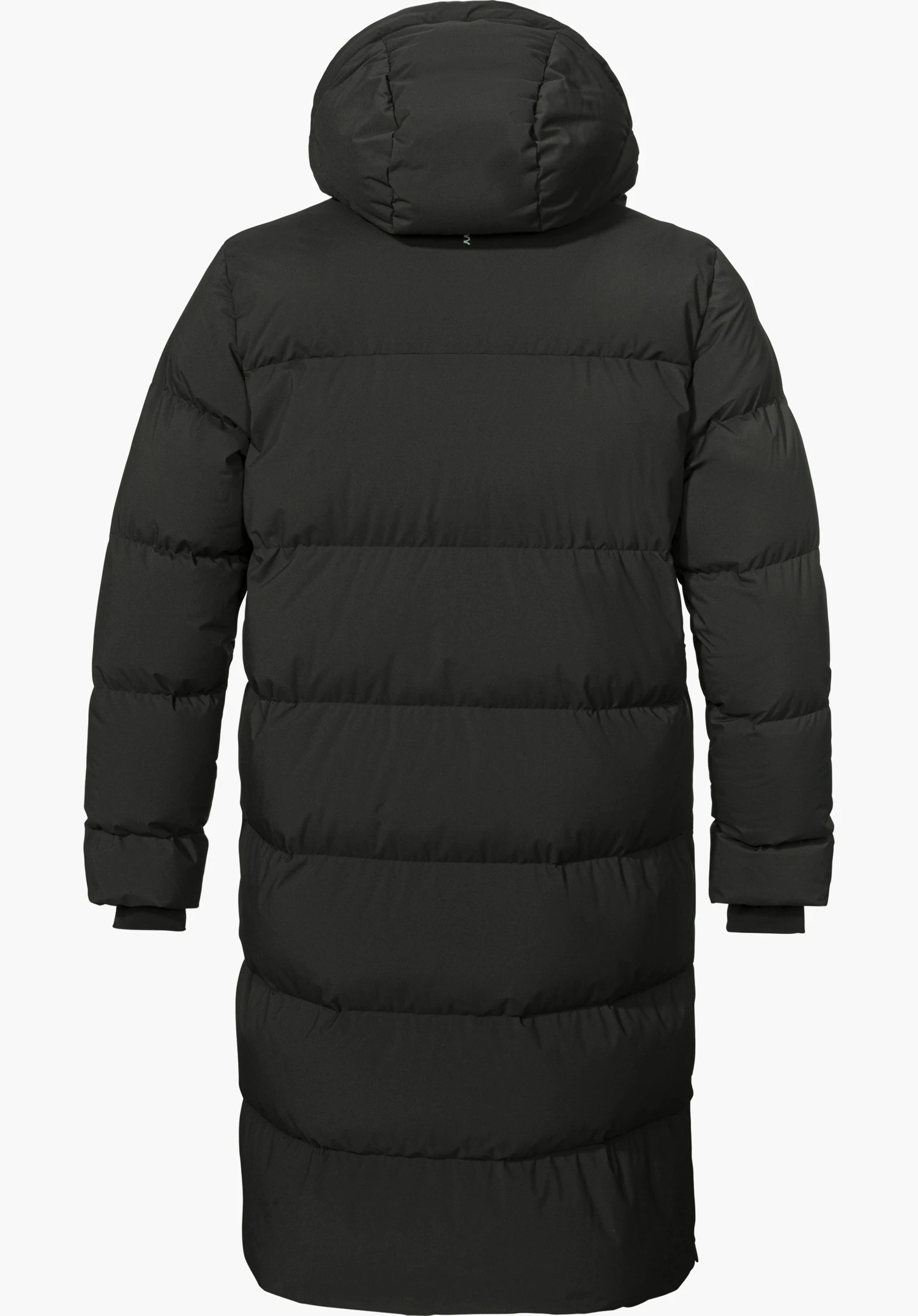 Down Coat Style Sublimo UNI down coat in black with quilted design and hood, shown from the back and isolated on a white background.