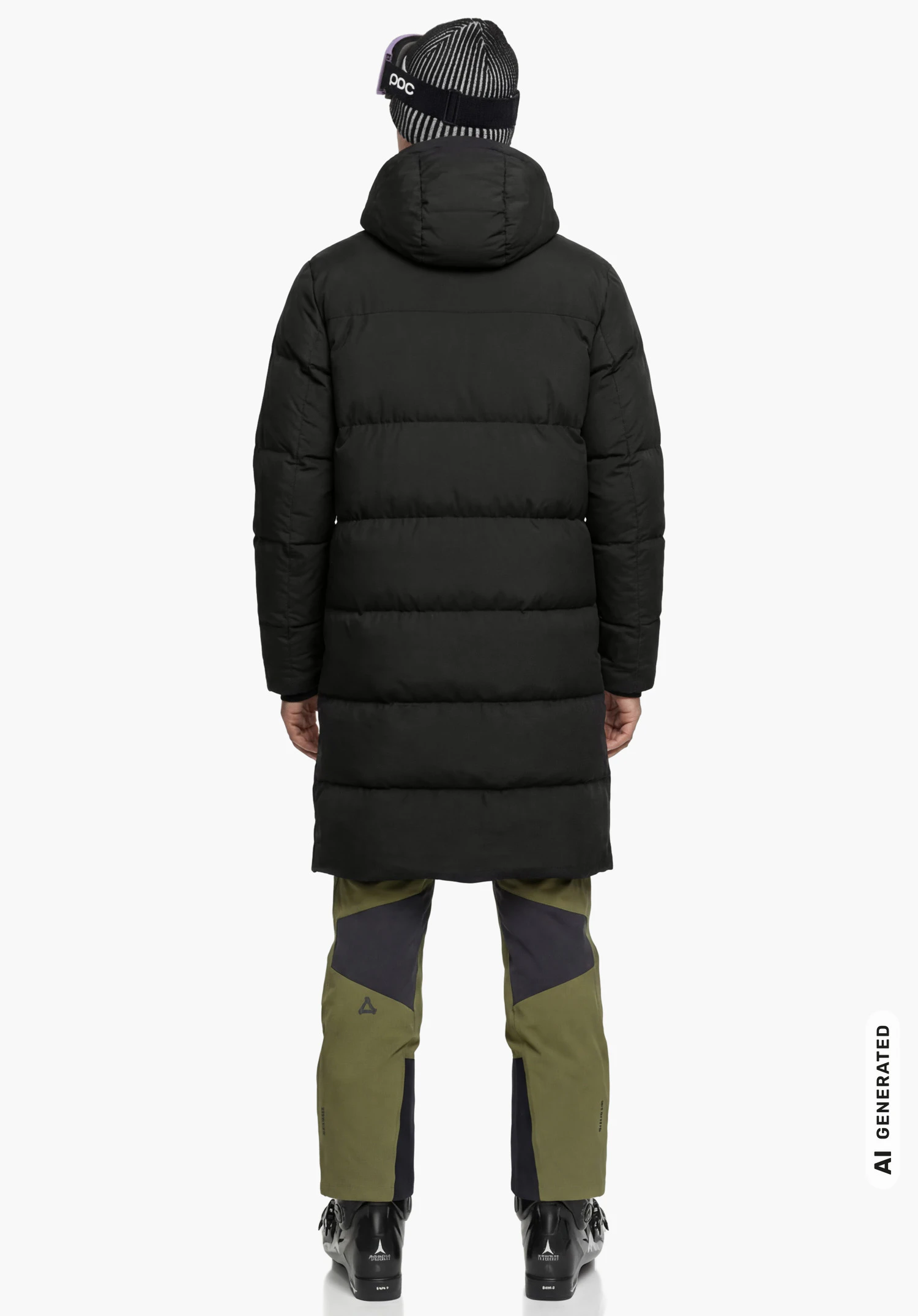 Down Coat Style Sublimo UNI in black, worn by a male model standing upright and shown from the back with relaxed arms against a white background. (AI-generated)