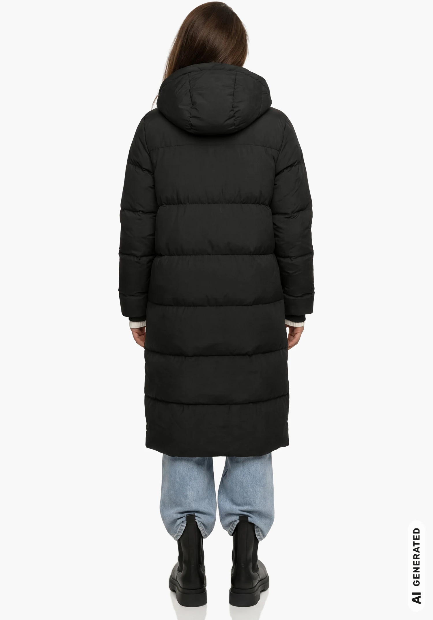 Down Coat Style Sublimo UNI in black featuring horizontal quilting and long sleeves in detail, close-up against a white background.