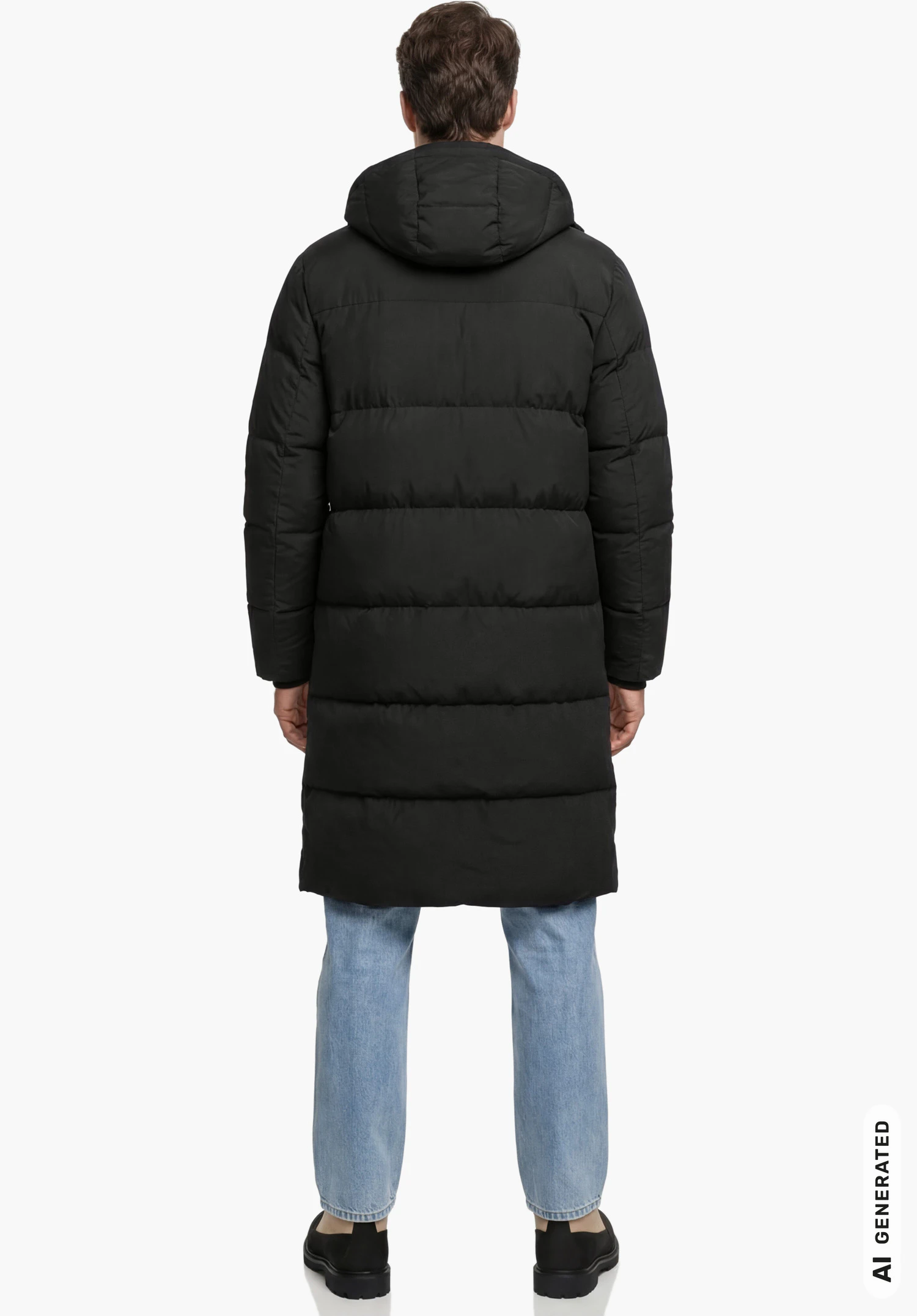 Down Coat Style Sublimo UNI en noir, texture de matière ciblée au niveau de la capuche et du dos en gros plan sur fond blanc.