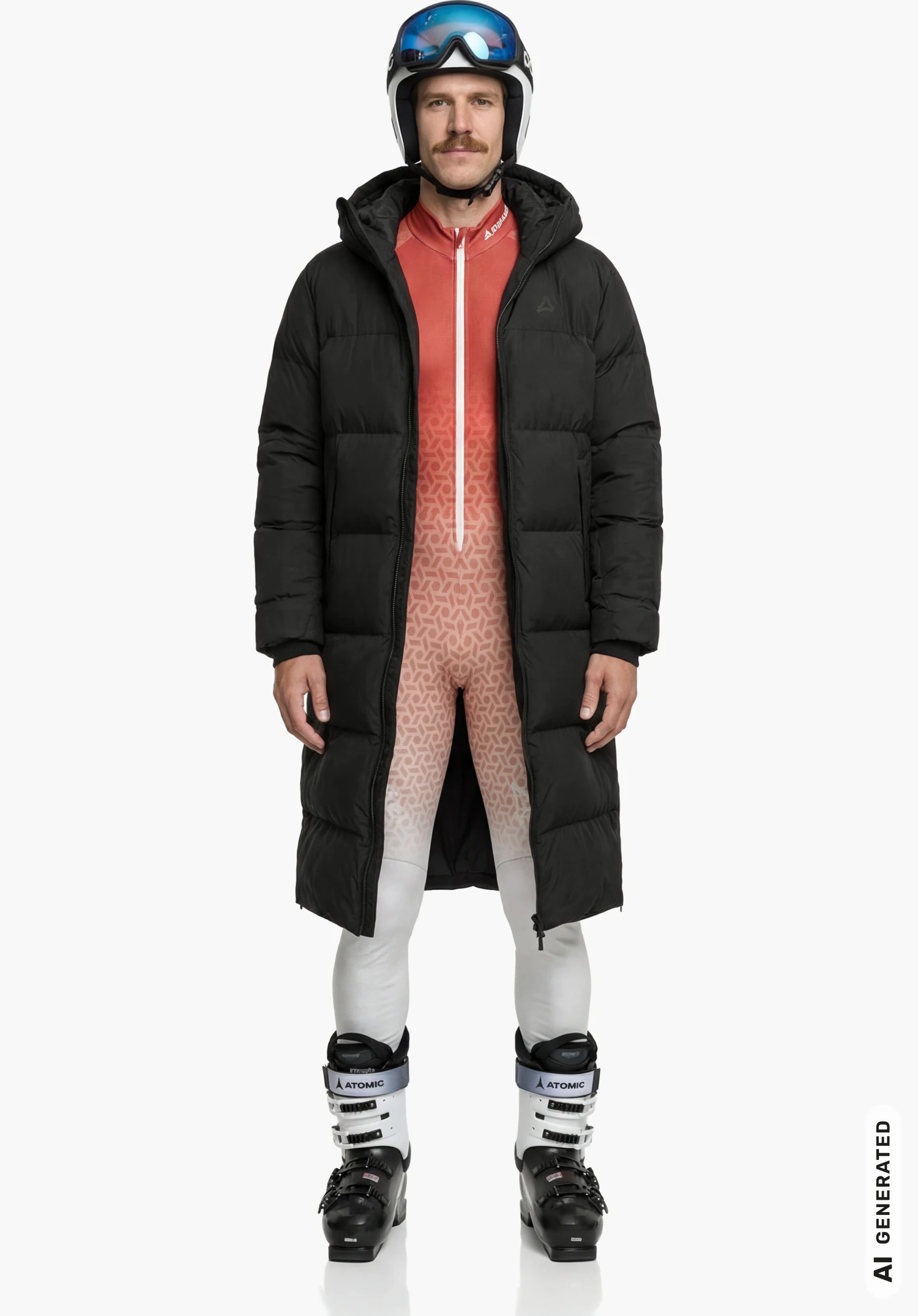 Down Coat Style Sublimo UNI in black focusing on the open front and quilted material structure in the hip area close-up against a white background.