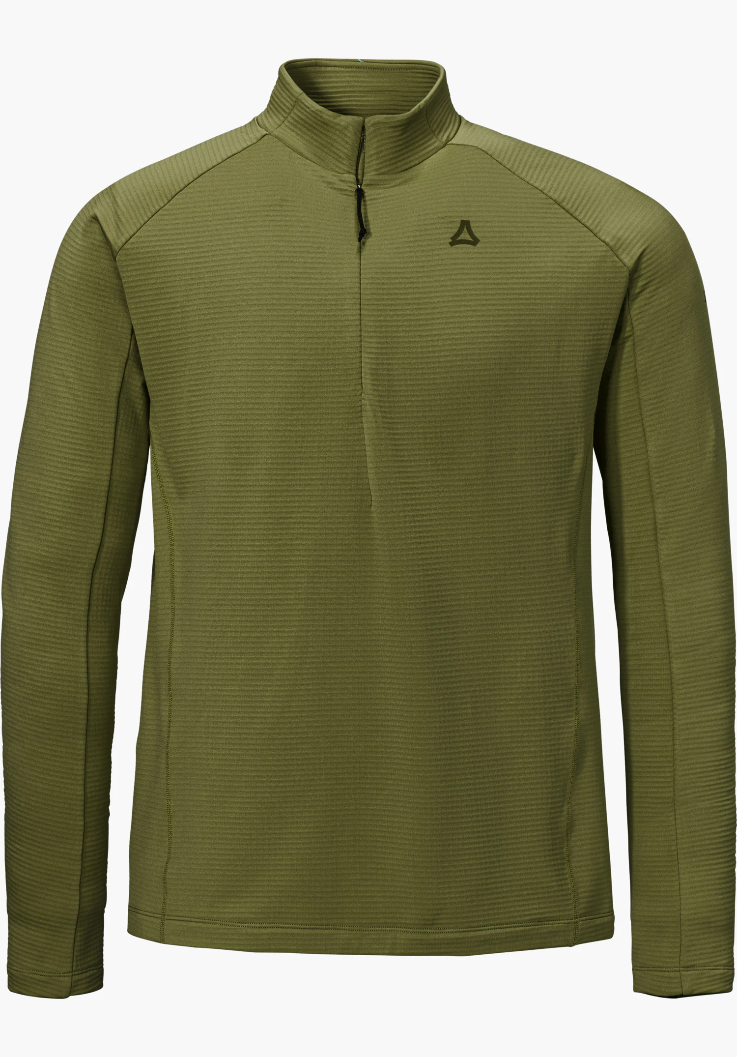 Longsleeve Style Energio MEN in zwart met opstaande kraag, korte ritssluiting aan de voorkant en ton-sur-ton Schöffel-logo op de borst, vooraanzicht, vrijstaand op een witte achtergrond.