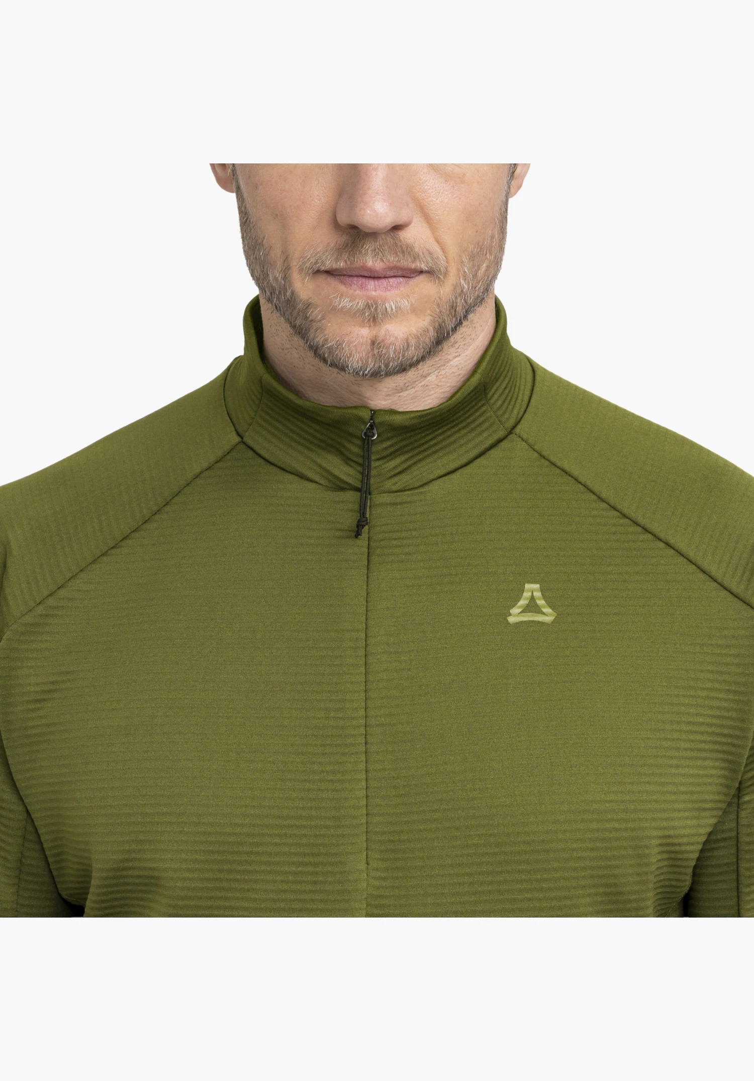 Longsleeve Style Energio MEN in green featuring a stand-up collar, short front zip and tonal Schöffel logo in a close-up against a white background.