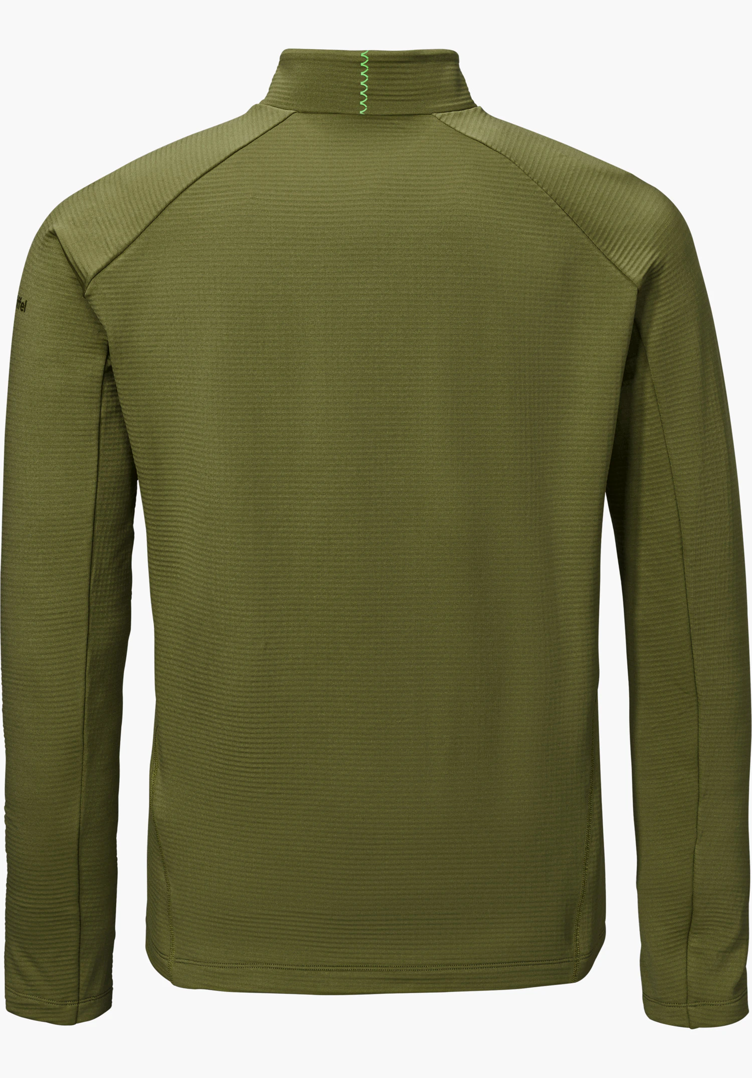 Longsleeve Style Energio MEN in green, shown from the back with a stand-up collar and green decorative stitching at the back of the neck, isolated on a white background.