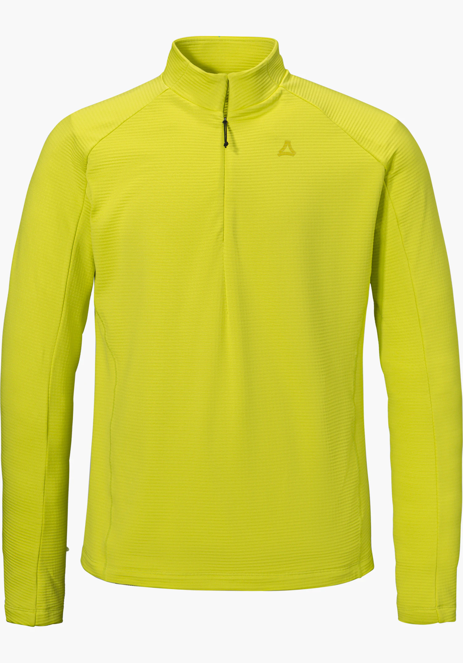 Longsleeve Style Energio MEN in zwart met opstaande kraag, korte ritssluiting aan de voorkant en ton-sur-ton Schöffel-logo op de borst, vooraanzicht, vrijstaand op een witte achtergrond.