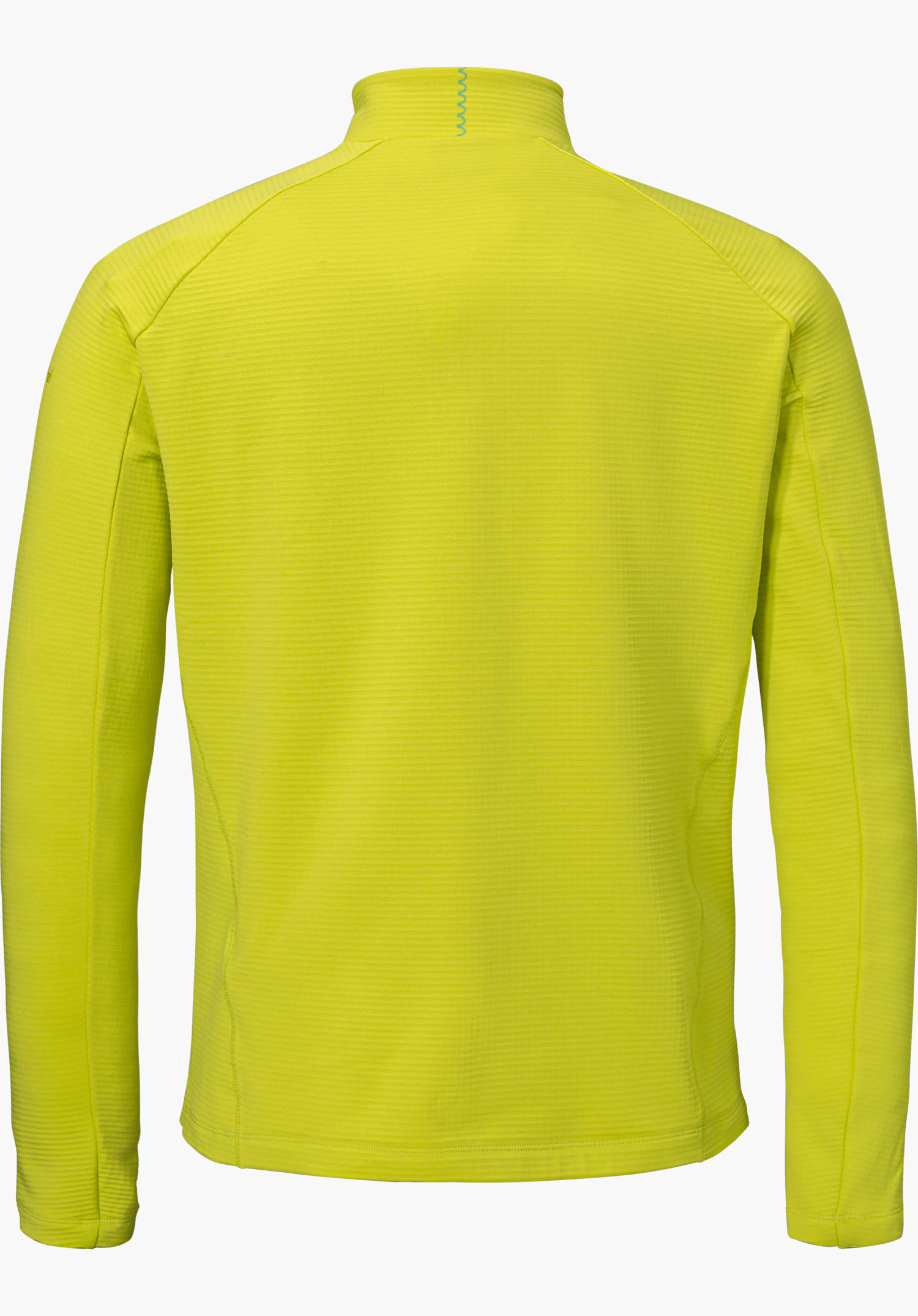 Longsleeve Style Energio MEN in yellow, shown from the back with a stand-up collar and green decorative stitching at the back of the neck, isolated on a white background.
