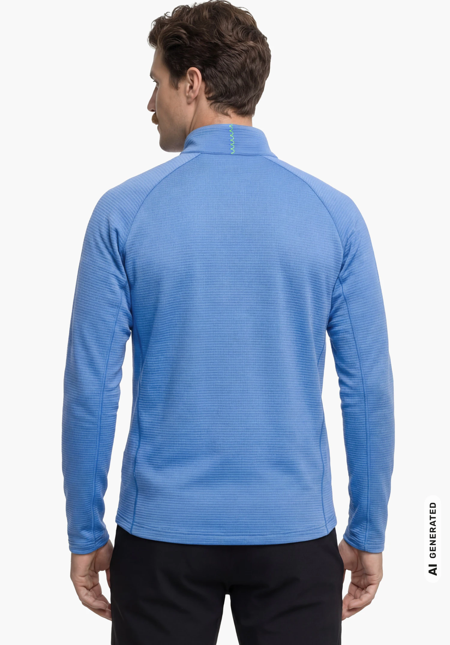 Longsleeve Style Energio MEN in blue, worn by a male model shown from the back with arms hanging down and his head turned slightly to the side against a white background. (AI-generated)