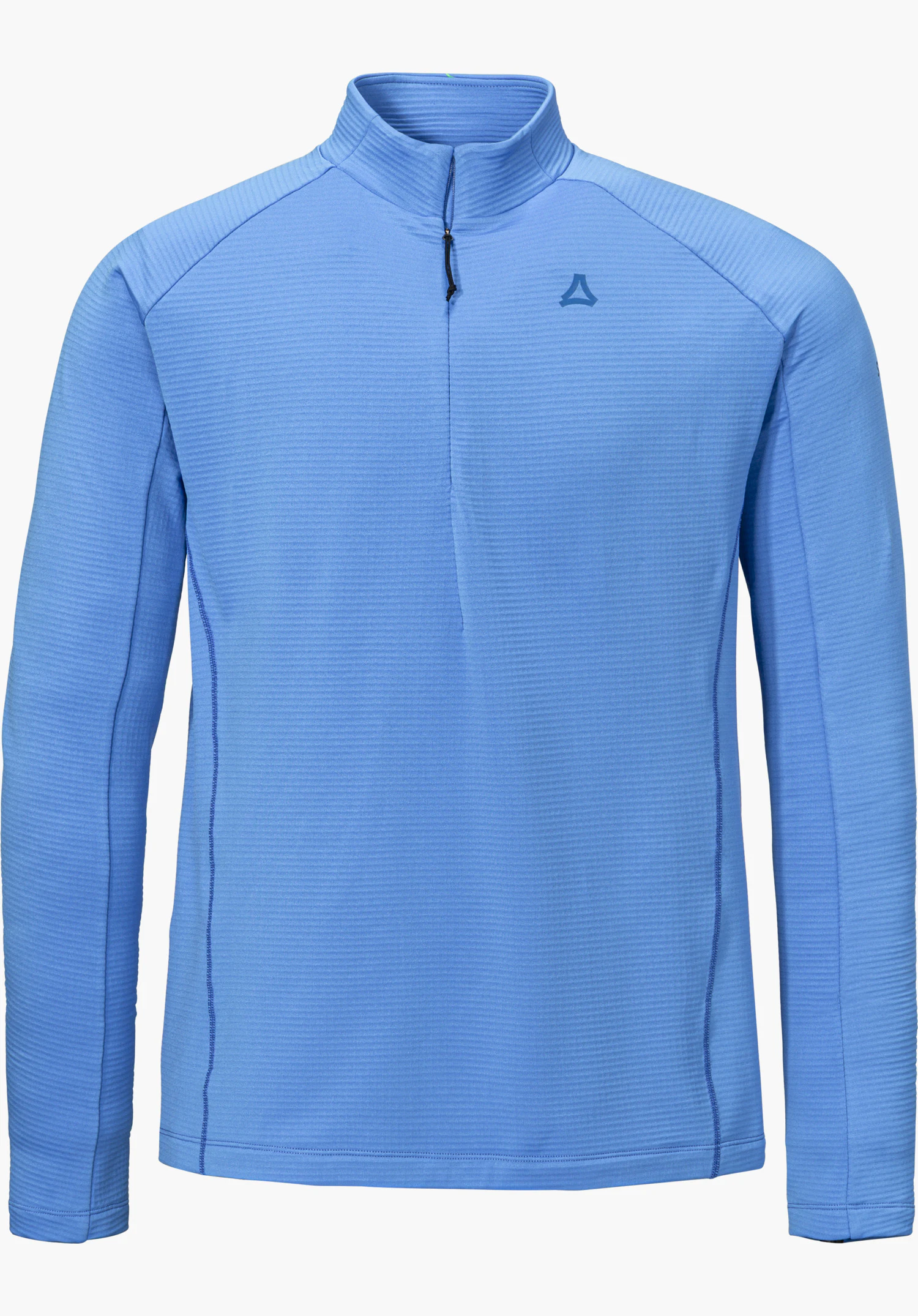 Longsleeve Style Energio MEN in blue with a stand-up collar, quarter zip and Schöffel logo, shown from the front and isolated on a white background.