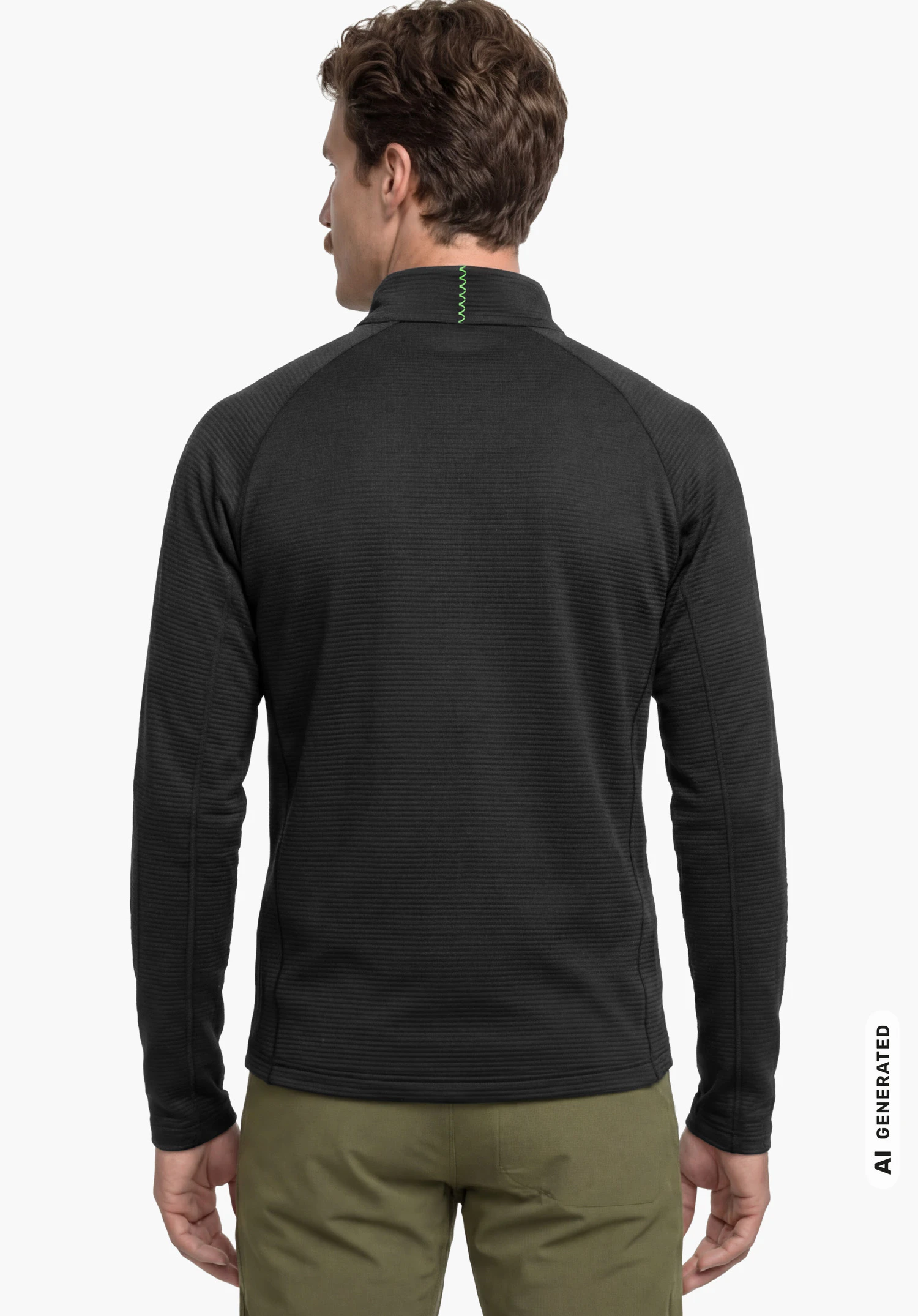 Longsleeve Style Energio MEN in black with fine texture and a green detail on the stand-up collar, worn by a male model standing upright and shown from the back against a white background. (AI-generated)