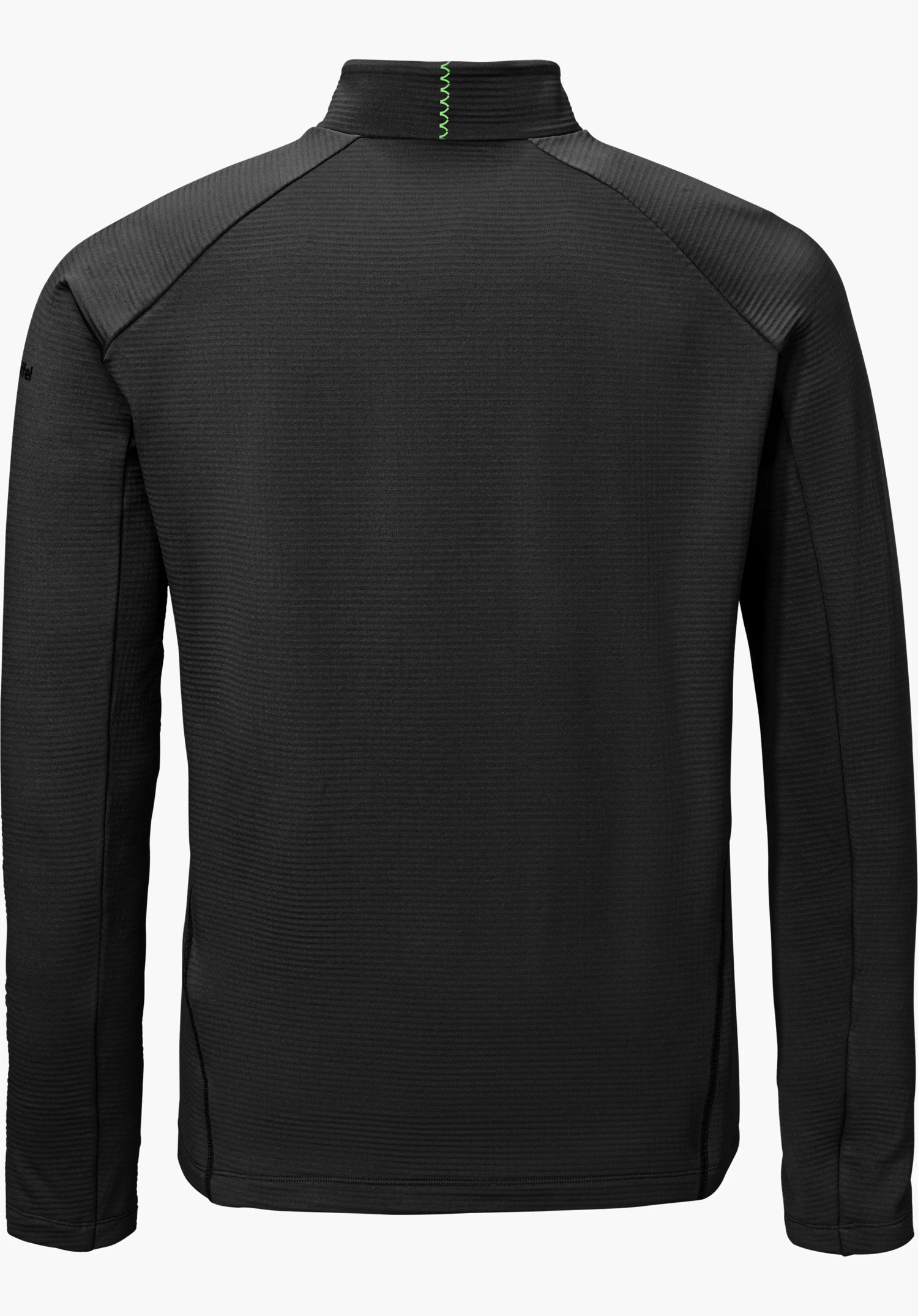 Longsleeve Style Energio MEN in black, shown from the back with a stand-up collar and green decorative stitching at the back of the neck, isolated on a white background.
