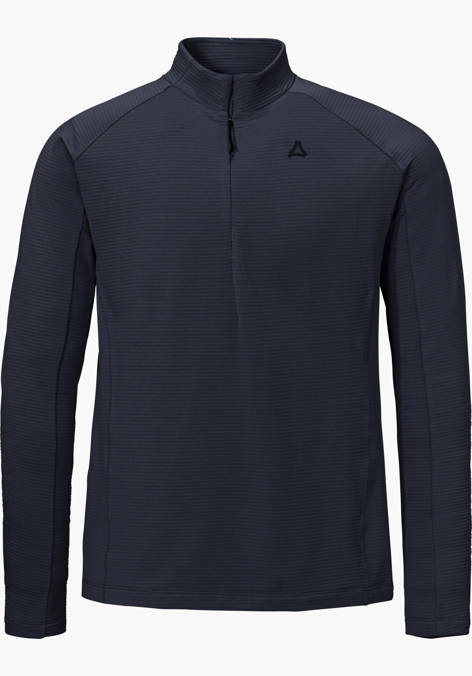 Longsleeve Style Energio MEN in blue with a stand-up collar, short front zipper and Schöffel logo on the chest, isolated on a white background.