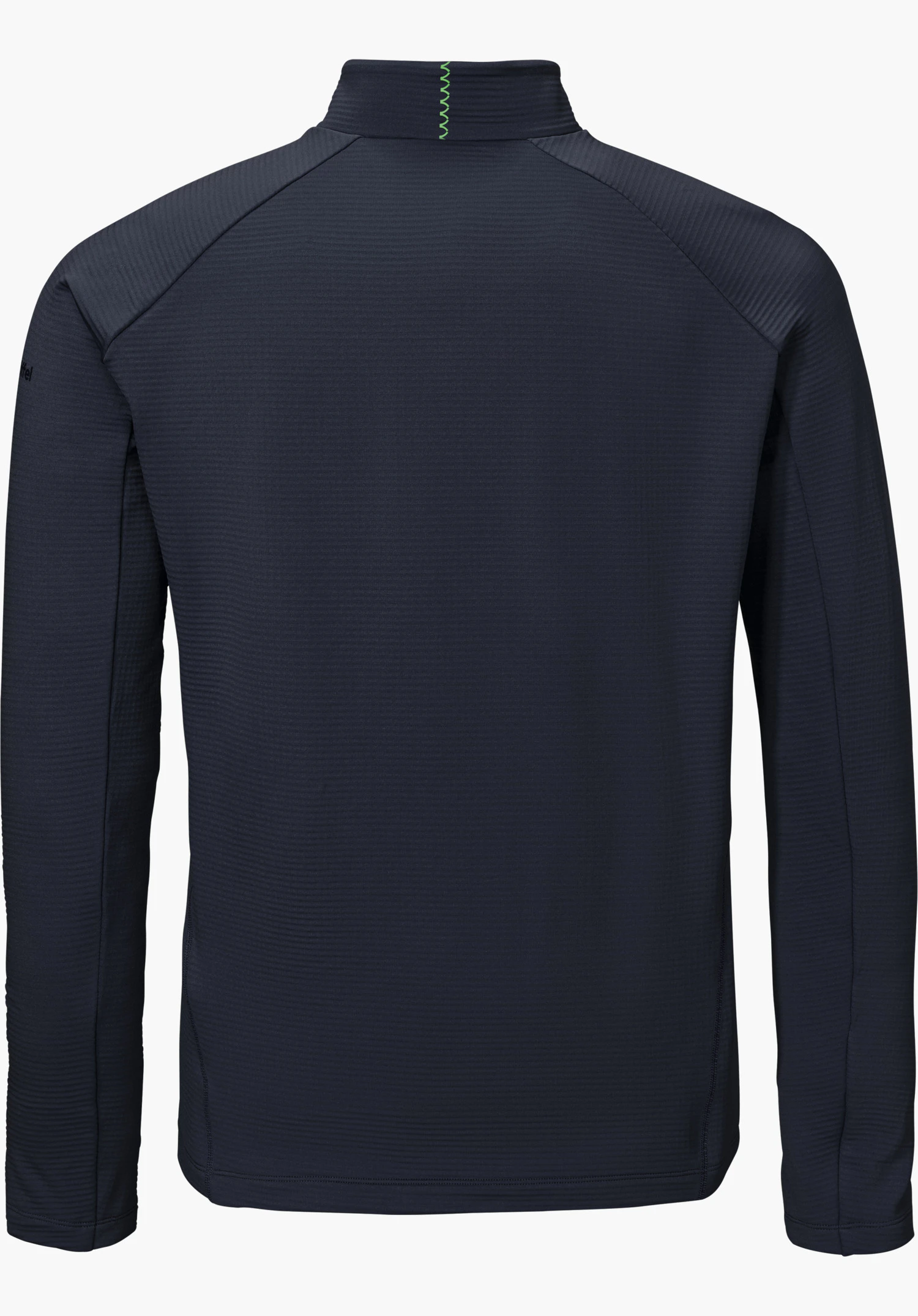 Longsleeve Style Energio MEN in blue, shown from the back with a stand-up collar and green decorative stitching at the back of the neck, isolated on a white background.