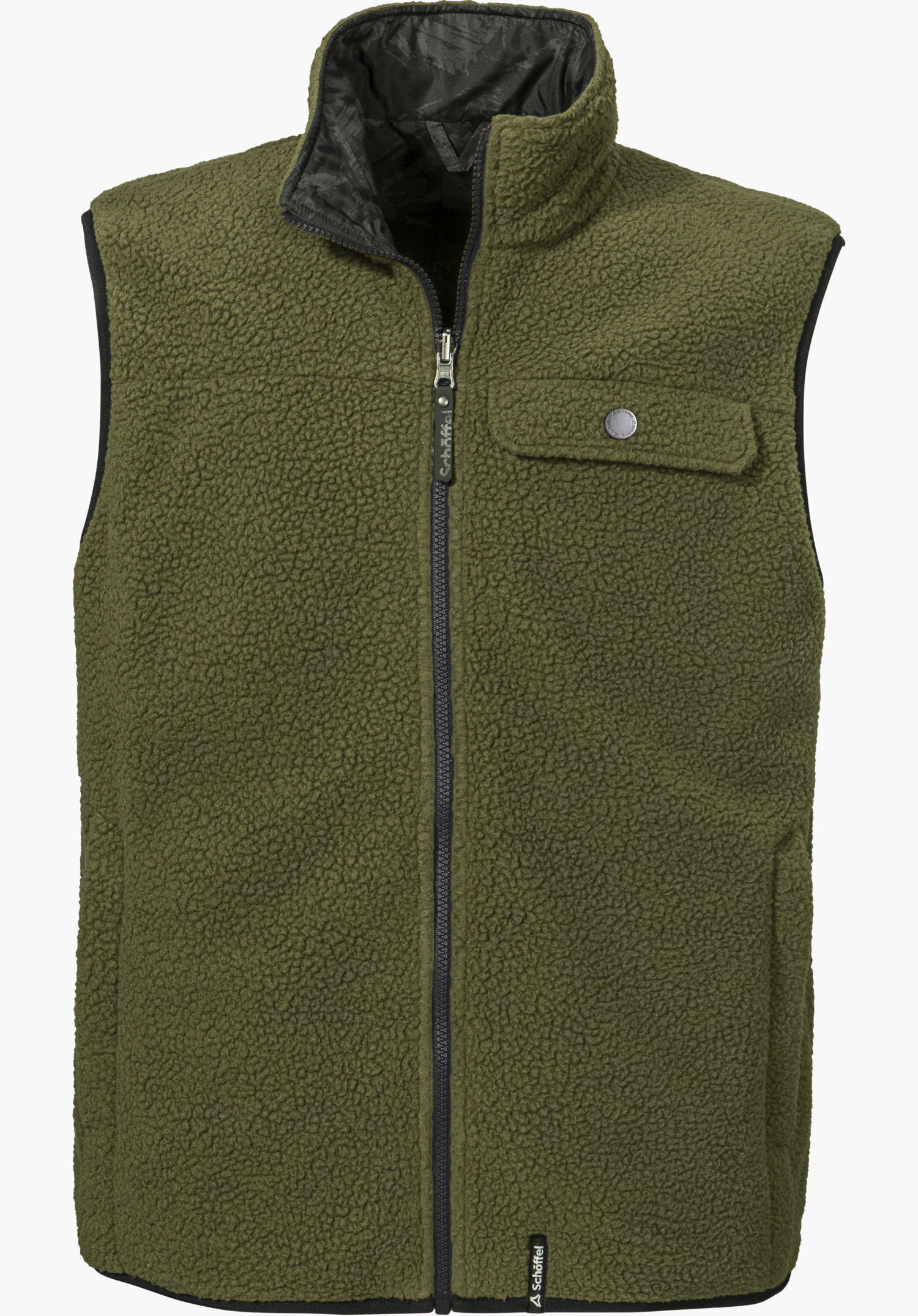 Vest Style Purga MEN Wendeweste in grün als funktionale Fleeceweste mit Stehkragen, durchgehendem Reißverschluss und aufgesetzter Brusttasche mit Schöffel-Schriftzug freigestellt vor weißem Hintergrund.