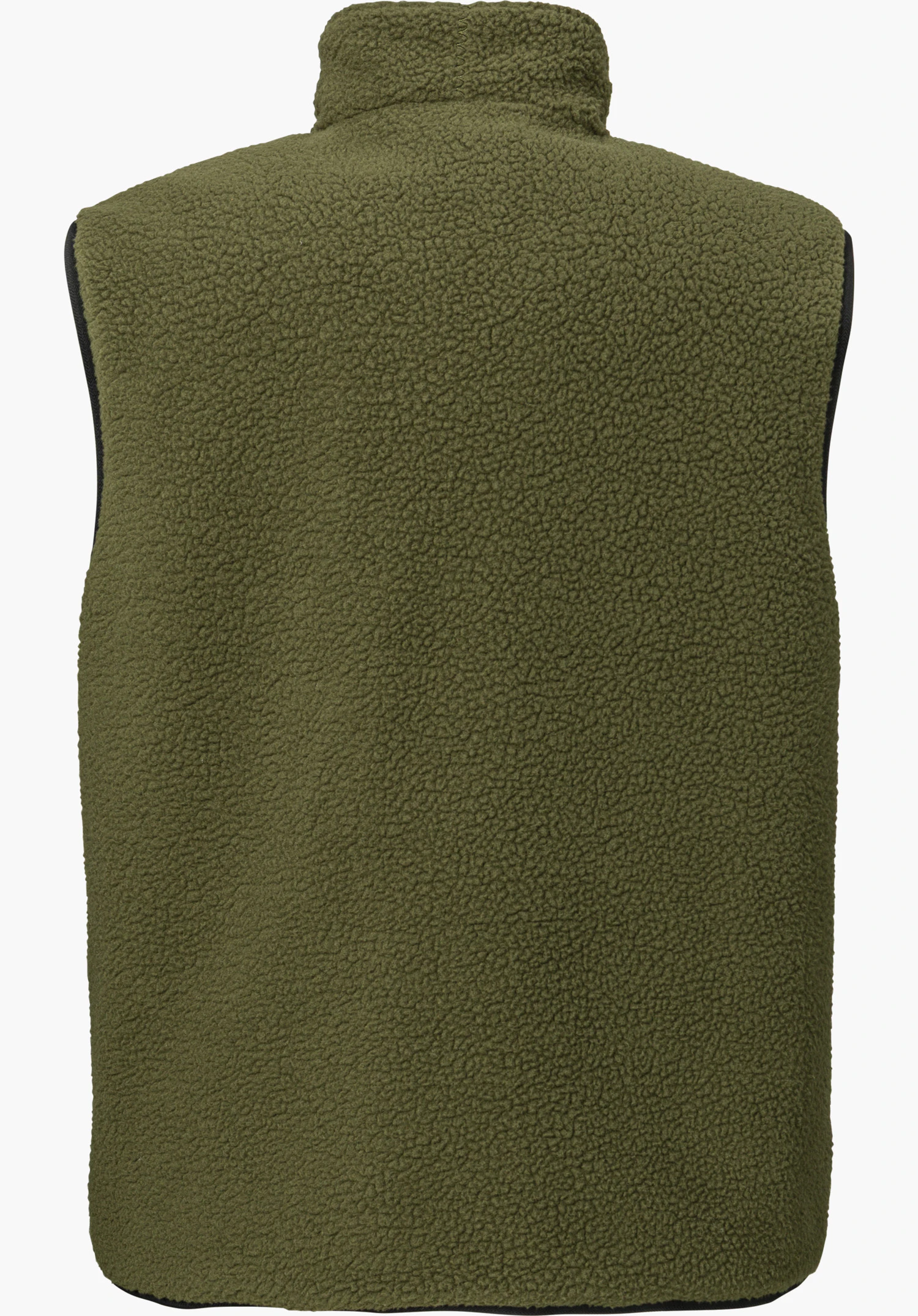 Vest Style Purga MEN reversible vest in green, shown from the back with soft fleece material and a stand-up collar, isolated on a white background.