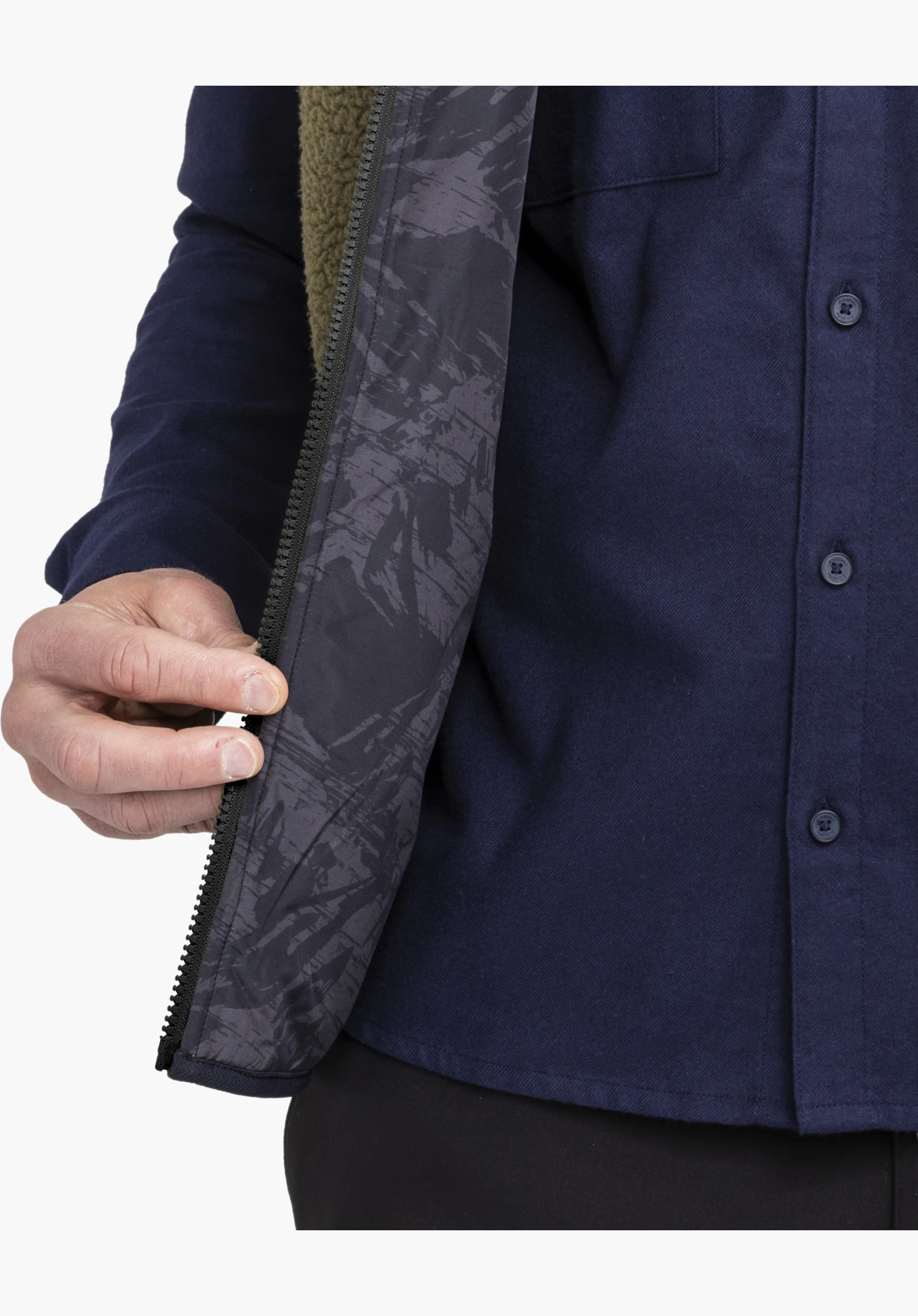 Vest Style Purga MEN showing the green inner lining, zipper and patterned inner side close-up against a white background.