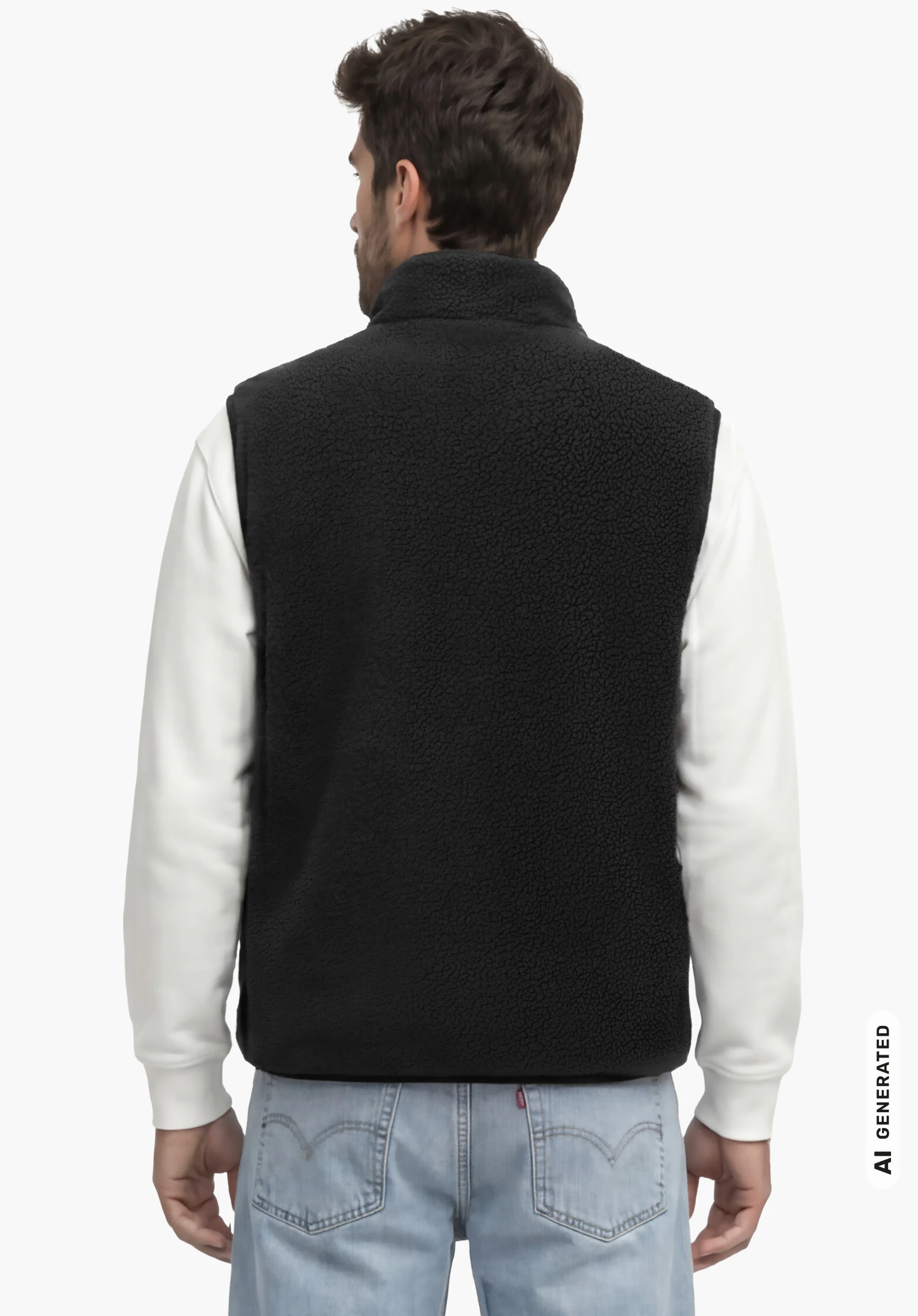 Vest Style Purga MEN in schwarz, getragen von einem männlichen Model in Rückenansicht mit aufrechtem Stand vor weißem Hintergrund. (KI-generiert)