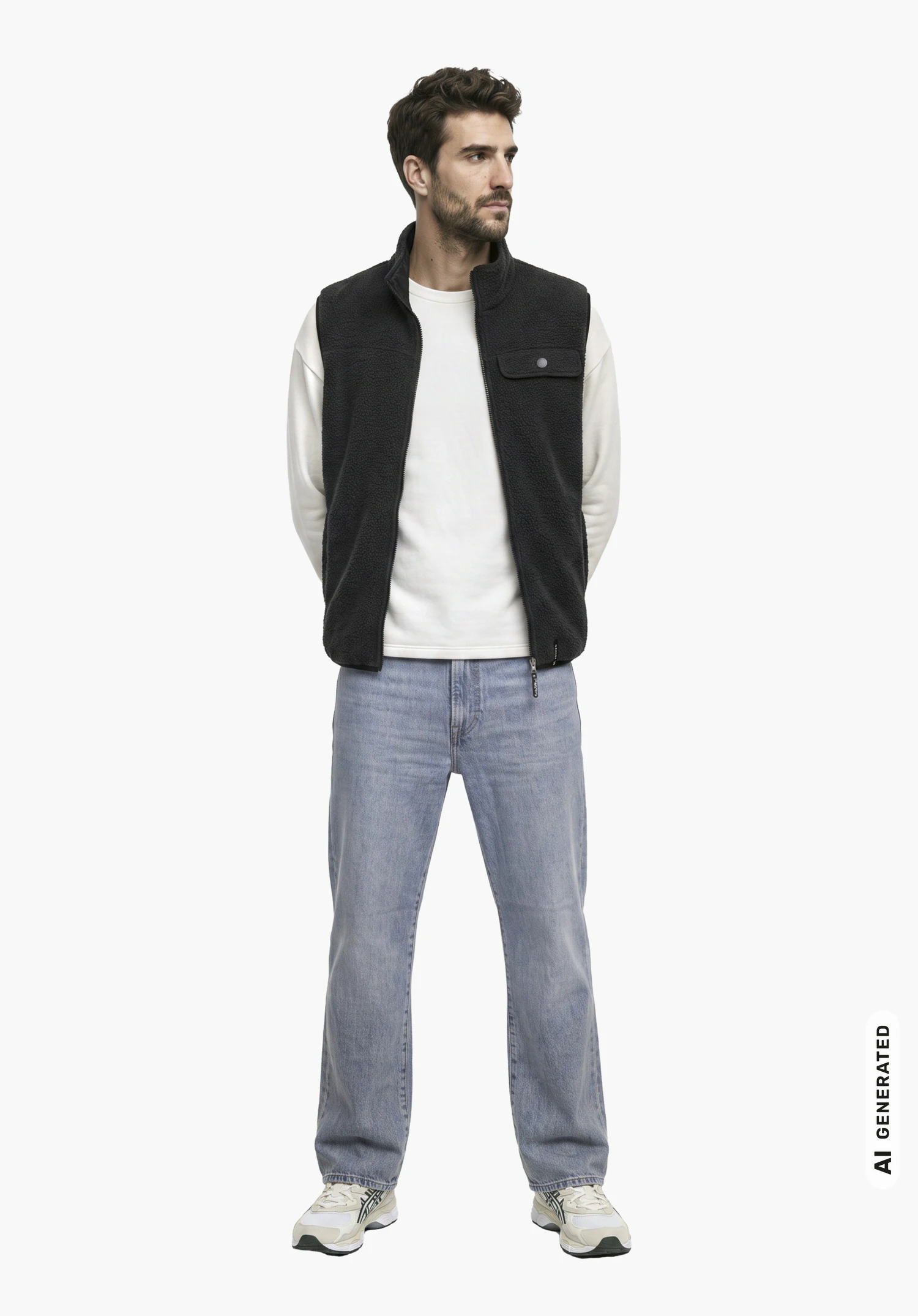 Vest Style Purga MEN in schwarz, getragen von einem männlichen Model im aufrechten Stand mit leicht zur Seite gedrehtem Kopf in Seitenansicht vor weißem Hintergrund. (KI-generiert)