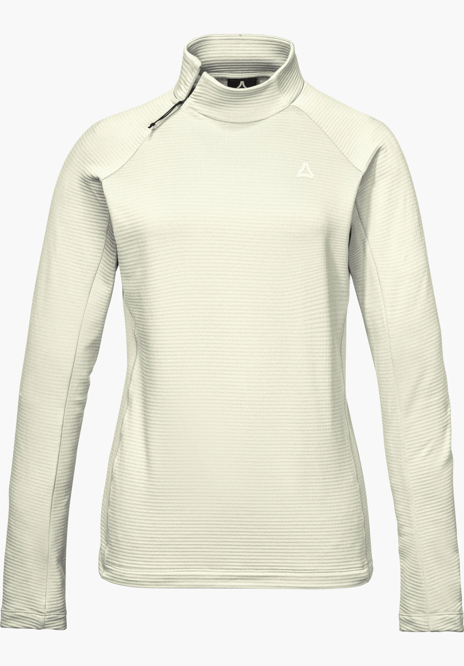 Longsleeve Style Energio WMN in der Farbe natur mit strukturiertem Material, Stehkragen mit diagonalem Reißverschluss und sichtbarem Schöffel-Logo auf der Brust freigestellt vor weißem Hintergrund.
