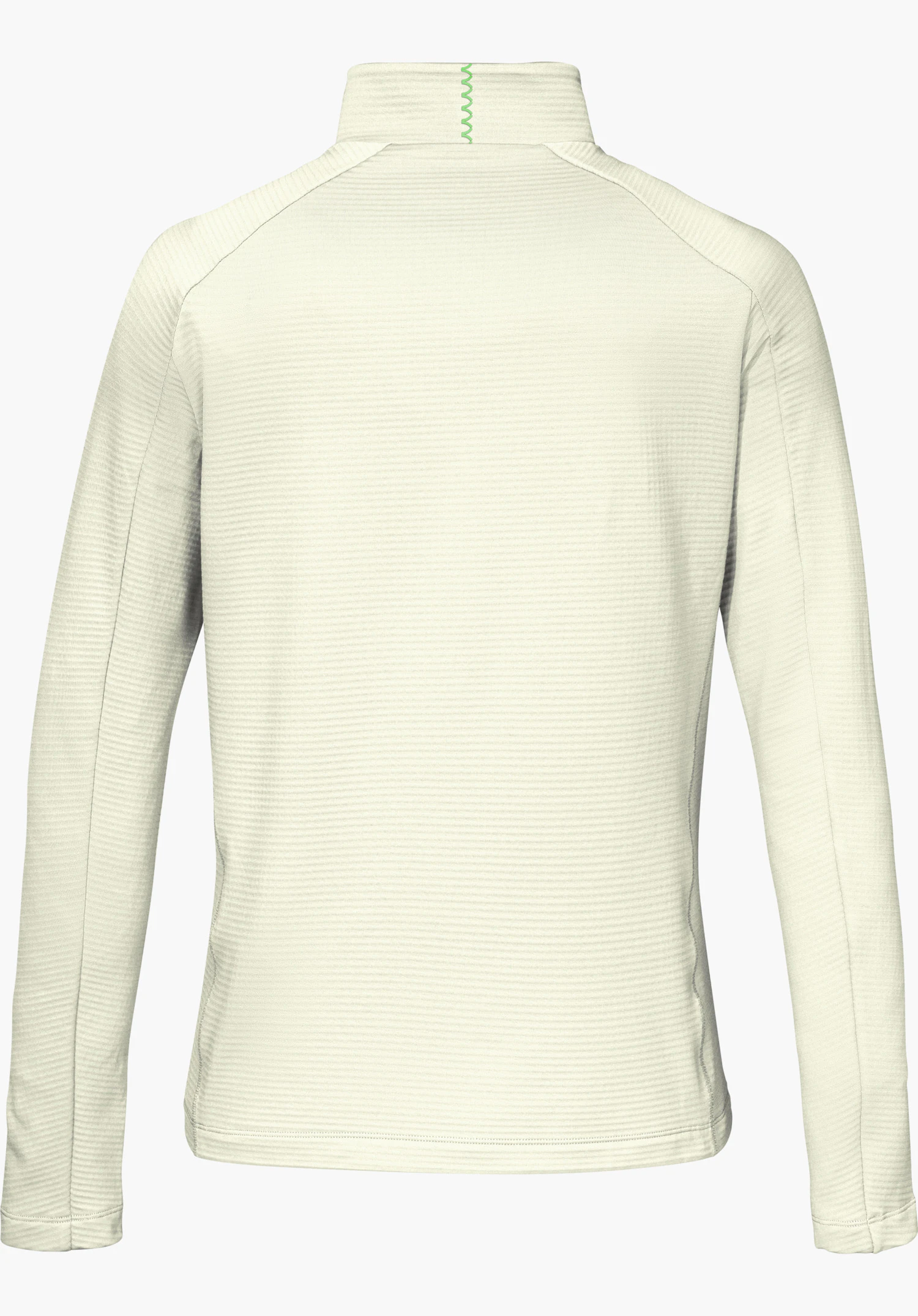 Longsleeve Style Energio WMN in natur in Rückansicht mit Stehkragen und grünem Schöffel-Schriftzug am Kragen freigestellt vor weißem Hin tergrund.