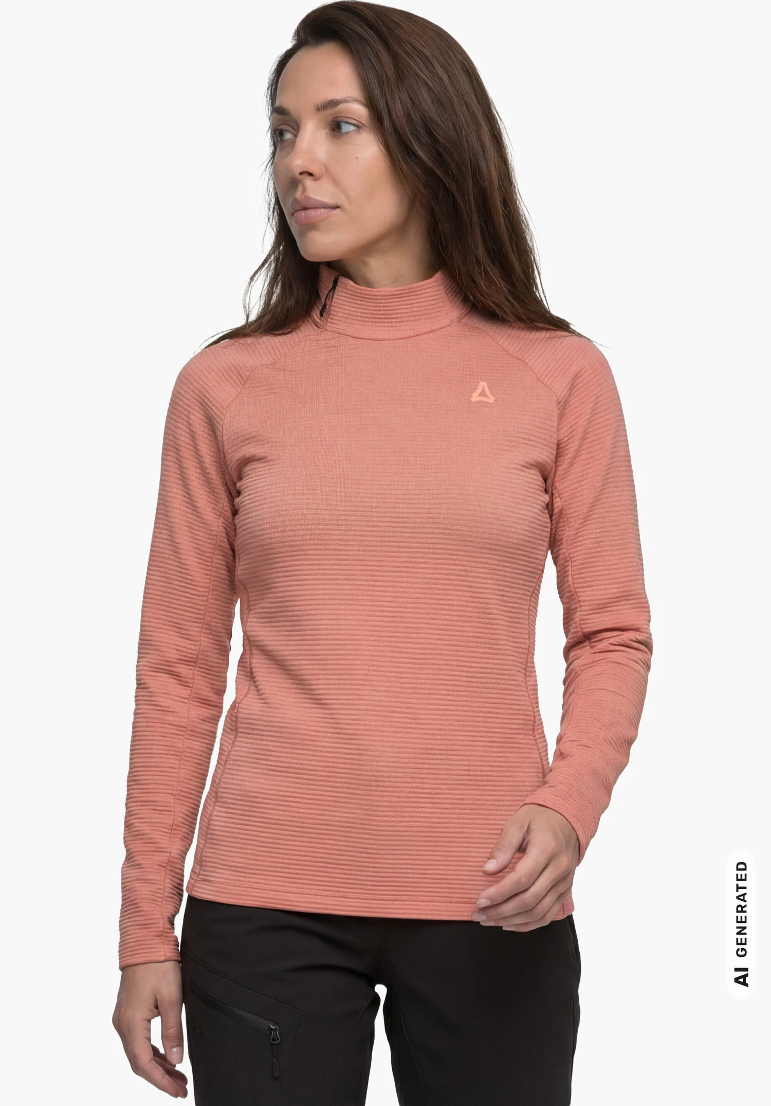 Longsleeve Style Energio WMN in pink with Schöffel logo, worn by a female model shown from the front in a relaxed posture against a white background. (AI-generated)