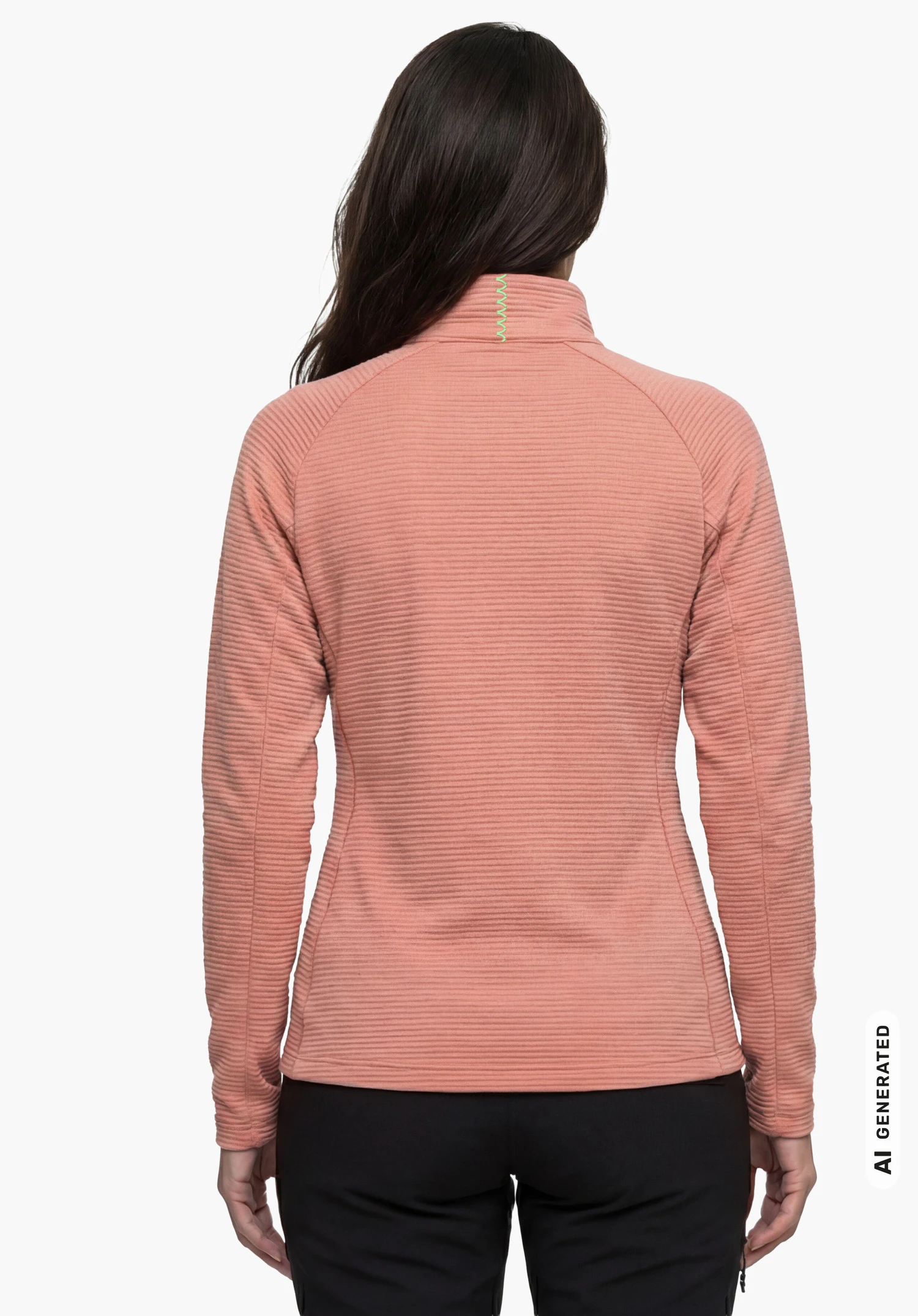 Longsleeve Style Energio WMN in rosa, getragen von einem weiblichen Model in Rückenansicht mit aufrechtem Stand und herabhängenden Armen vor weißem Hintergrund. (KI-generiert)