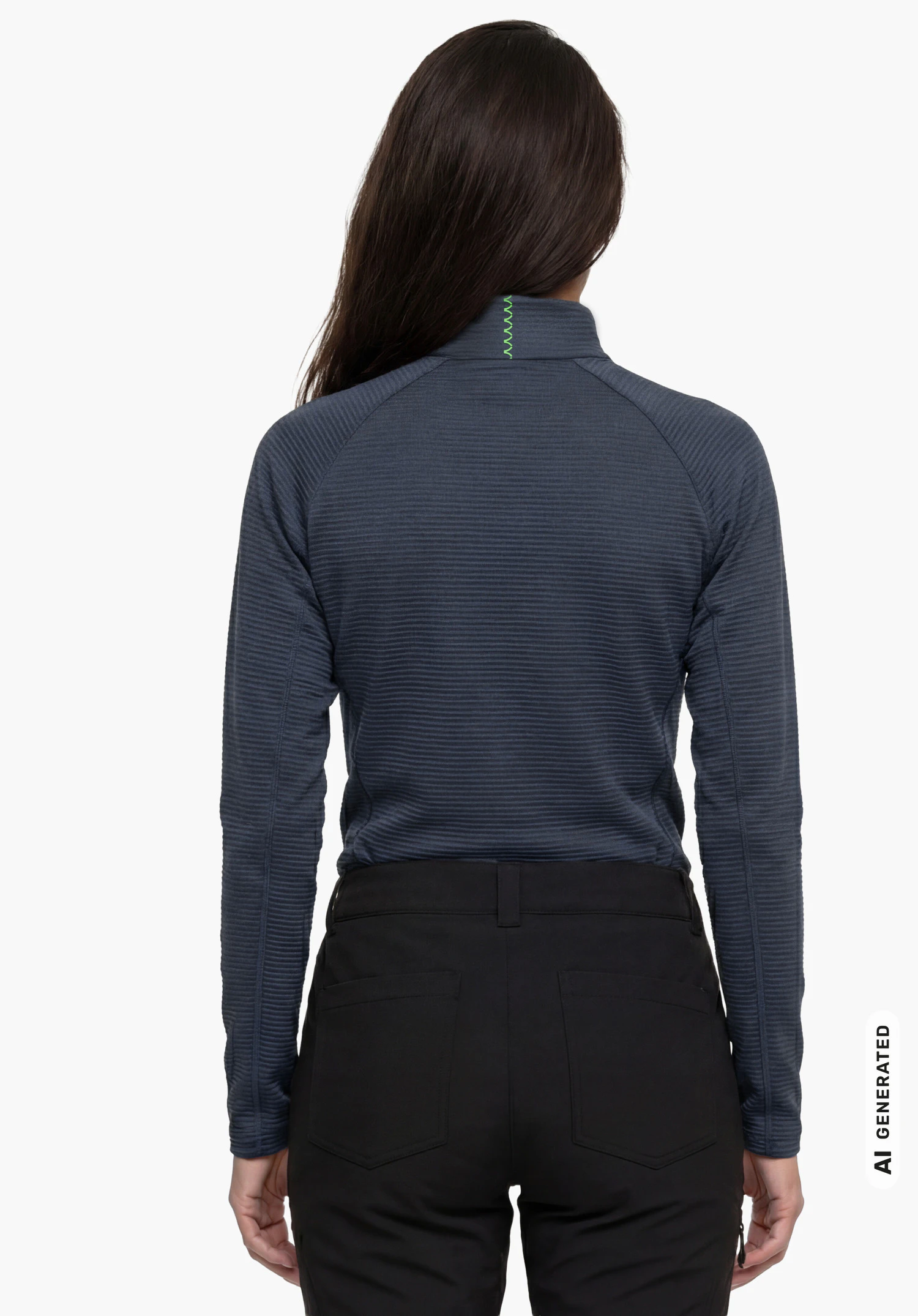 Longsleeve Style Energio WMN in blue, worn by a female model standing upright and shown from the back with arms hanging down against a white background. (AI-generated)
