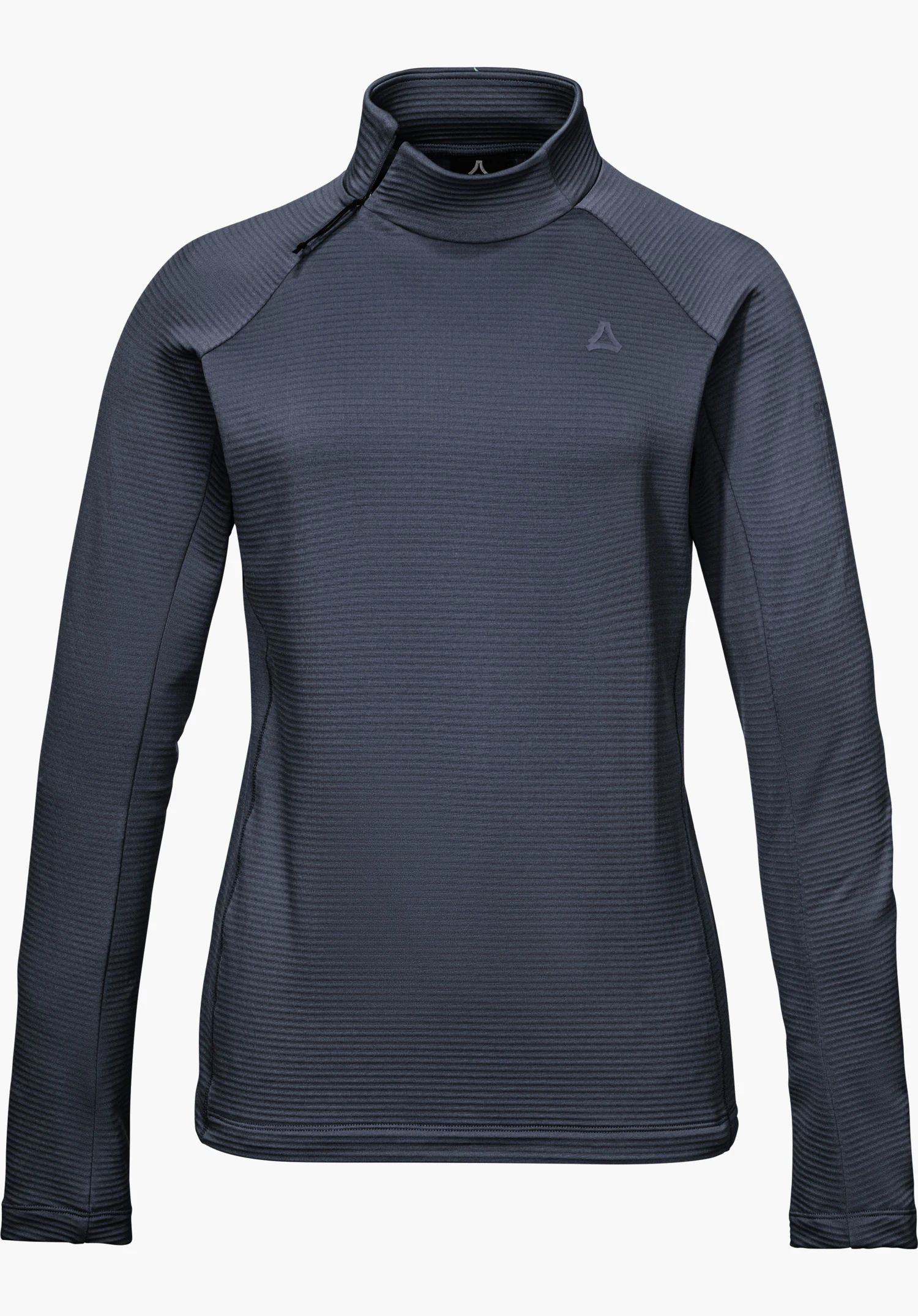 Longsleeve Style Energio WMN in blue with a stand-up collar, short front zipper, textured pattern and Schöffel logo, shown from the front and isolated on a white background.