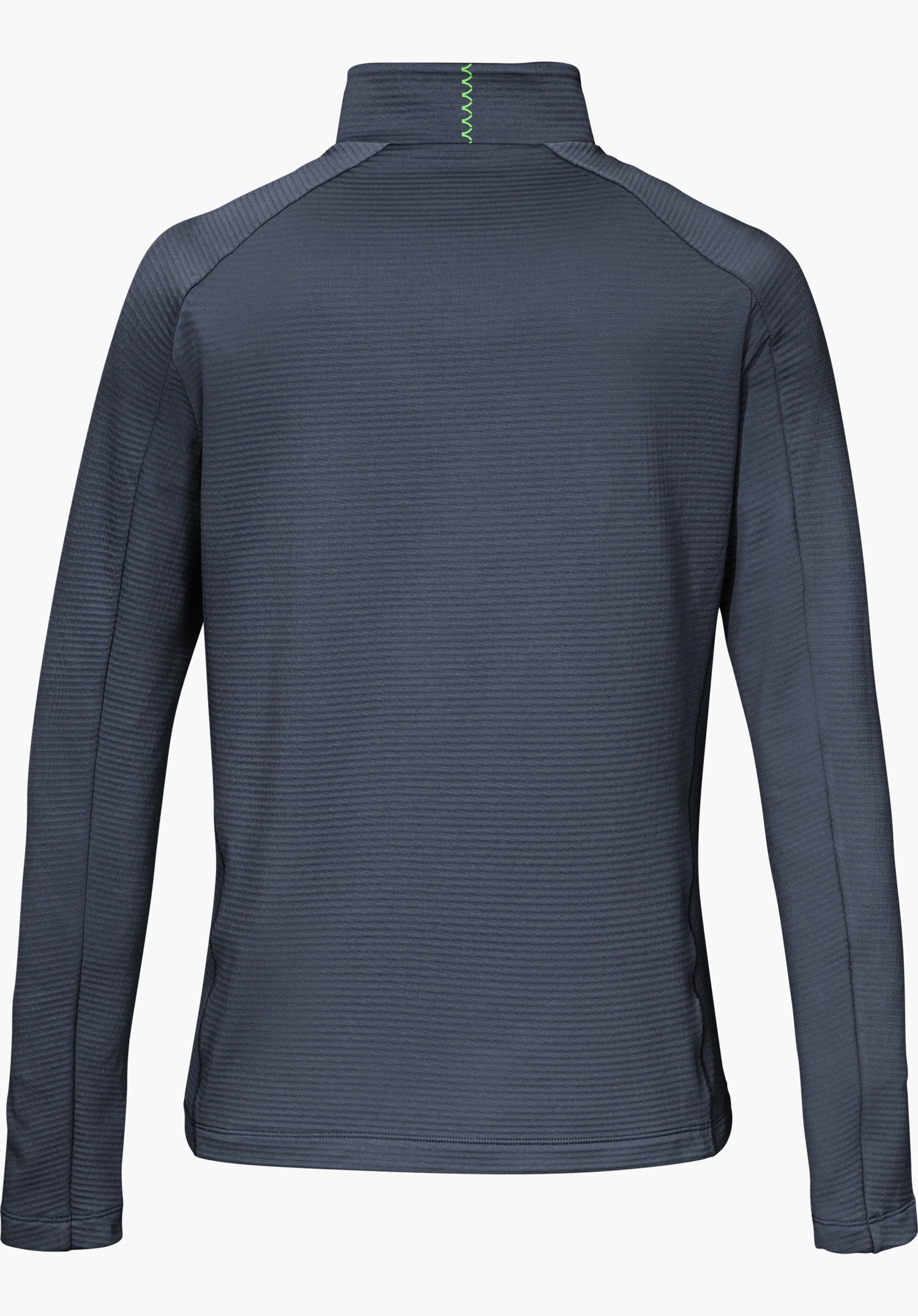 Longsleeve Style Energio WMN in blue, shown from the back with a stand-up collar and green details on the collar, isolated on a white background.