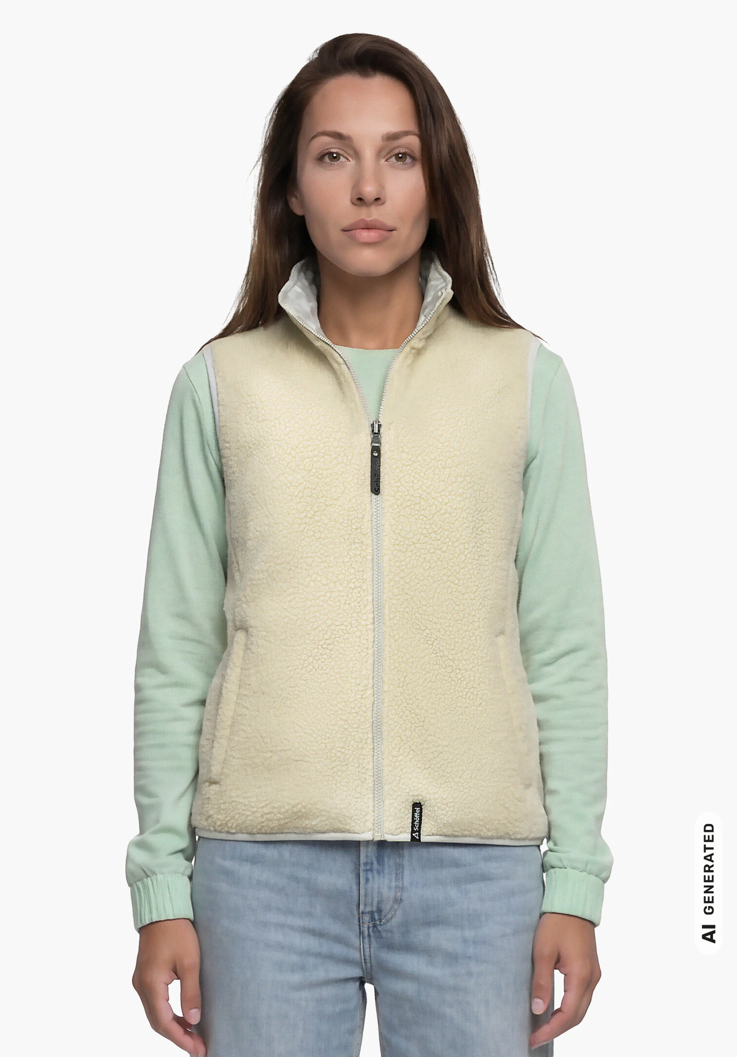Vest Style Purga WMN in beige with Schöffel lettering on the zipper, worn by a female model standing upright and shown from the front against a white background. (AI-generated)