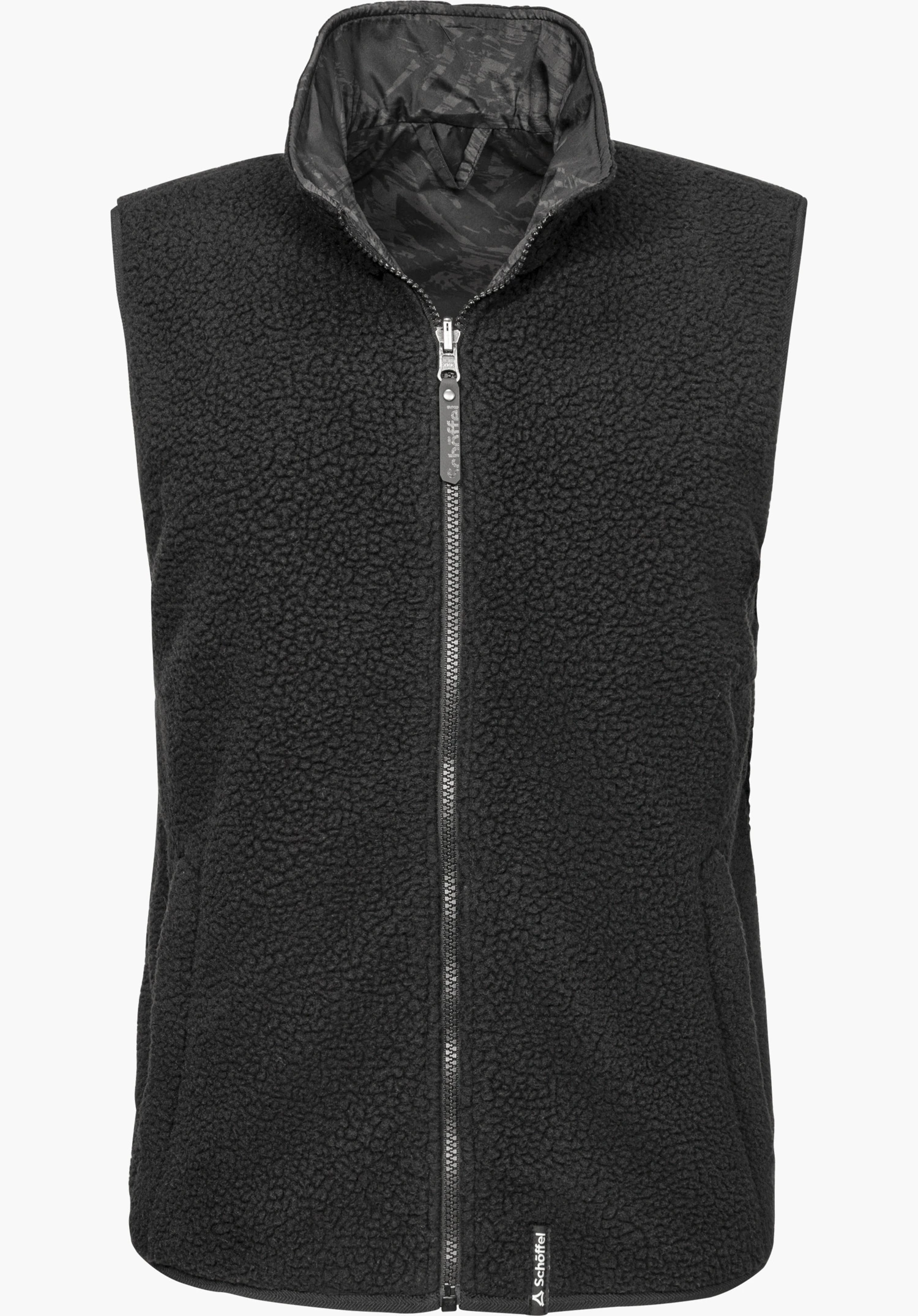 Vest Style Purga WMN reversible Sherpa fleece vest in black with a full-length zipper, stand-up collar and subtle Schöffel lettering, shown from the front and isolated on a white background.